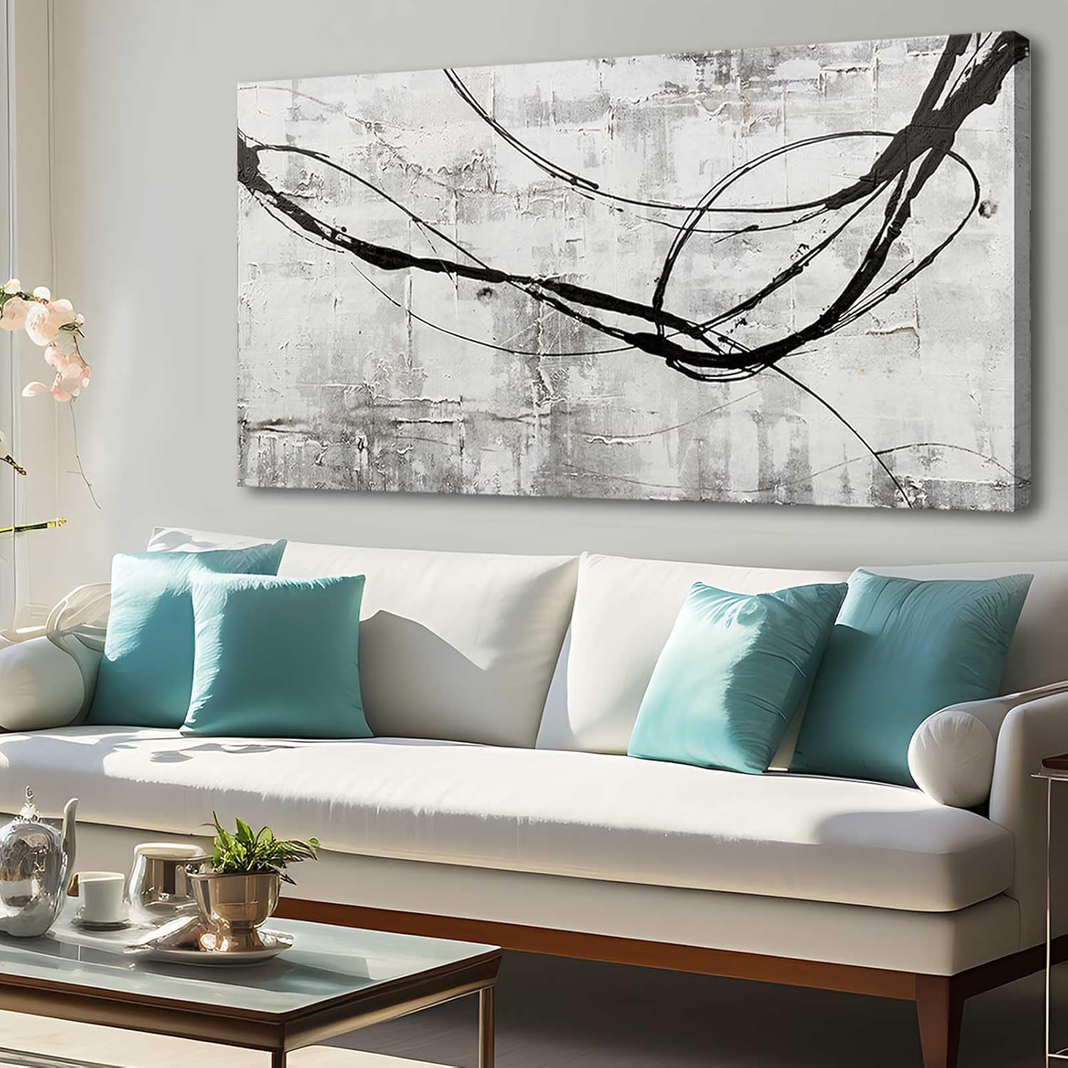 XIANSHOU Maximalist Decor Black and White Wall Decor Grey Modern Wall Art Pictures for Office Wall Decorations 24"x 48" Big Painting Artwork Bedroom Living Room Hotel