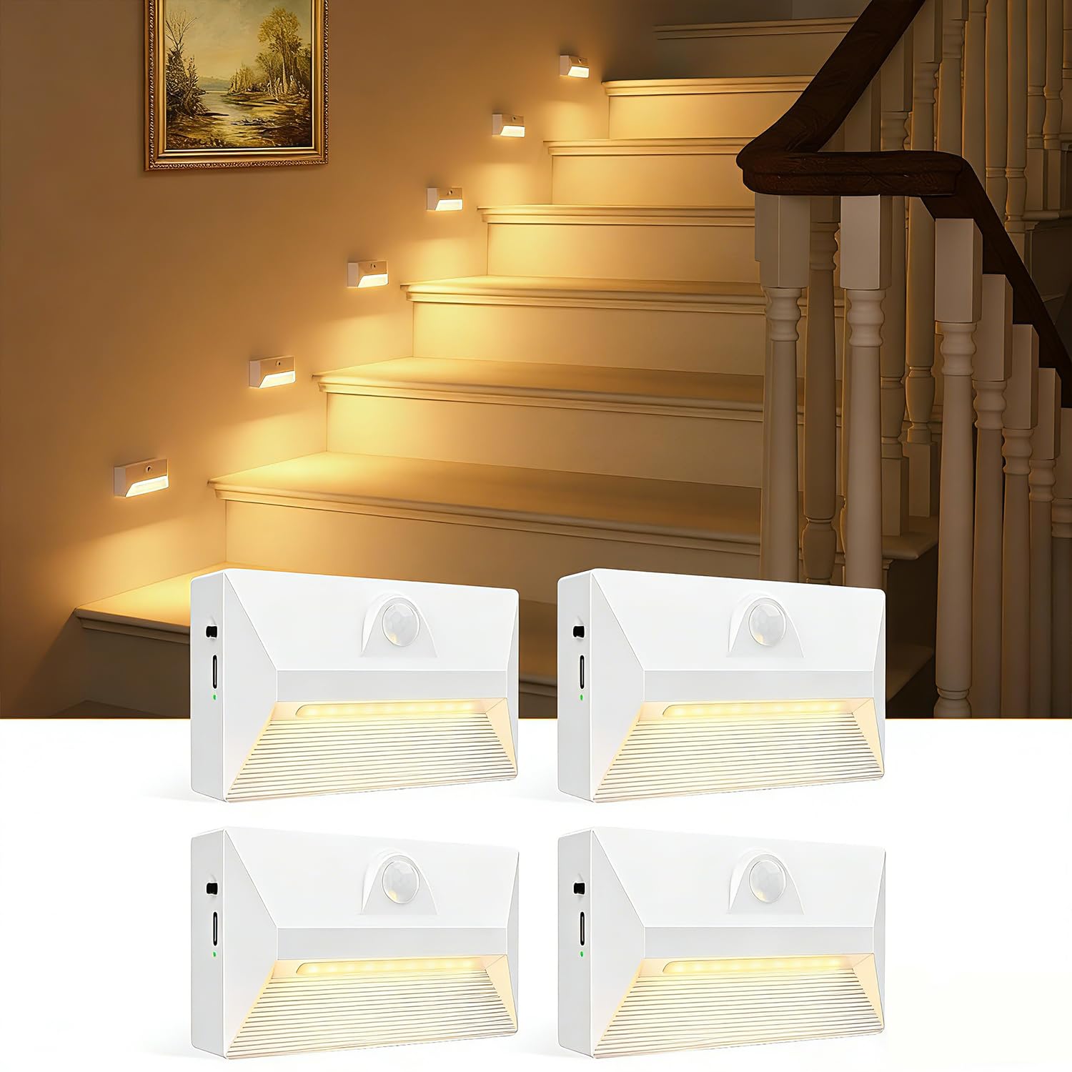 Gresonic 4er LED Treppenleuchte mit Bewegungsmelder, Wiederaufladbar 3 Farbtemperaturen Dimmbar, USB Aufladbar 1800mAh Akku, Kabellos für Treppe Flur Schlafzimmer, Weiß