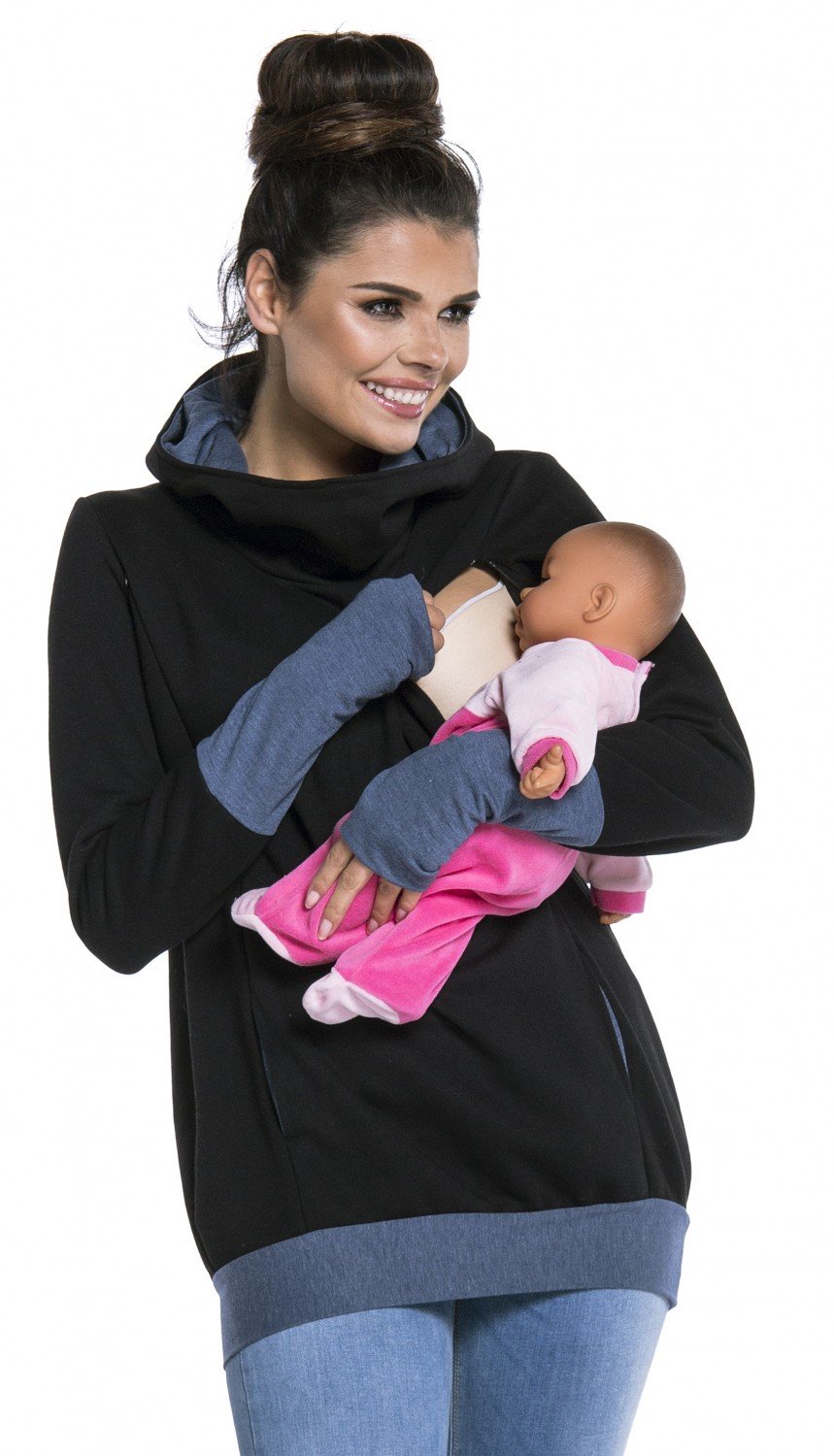 HAPPY MAMA Boutique Mujer Sudadera premamá de enfermería Sweeathirt Jumper 330 (Jeans & Negro, 44-46, 3XL)