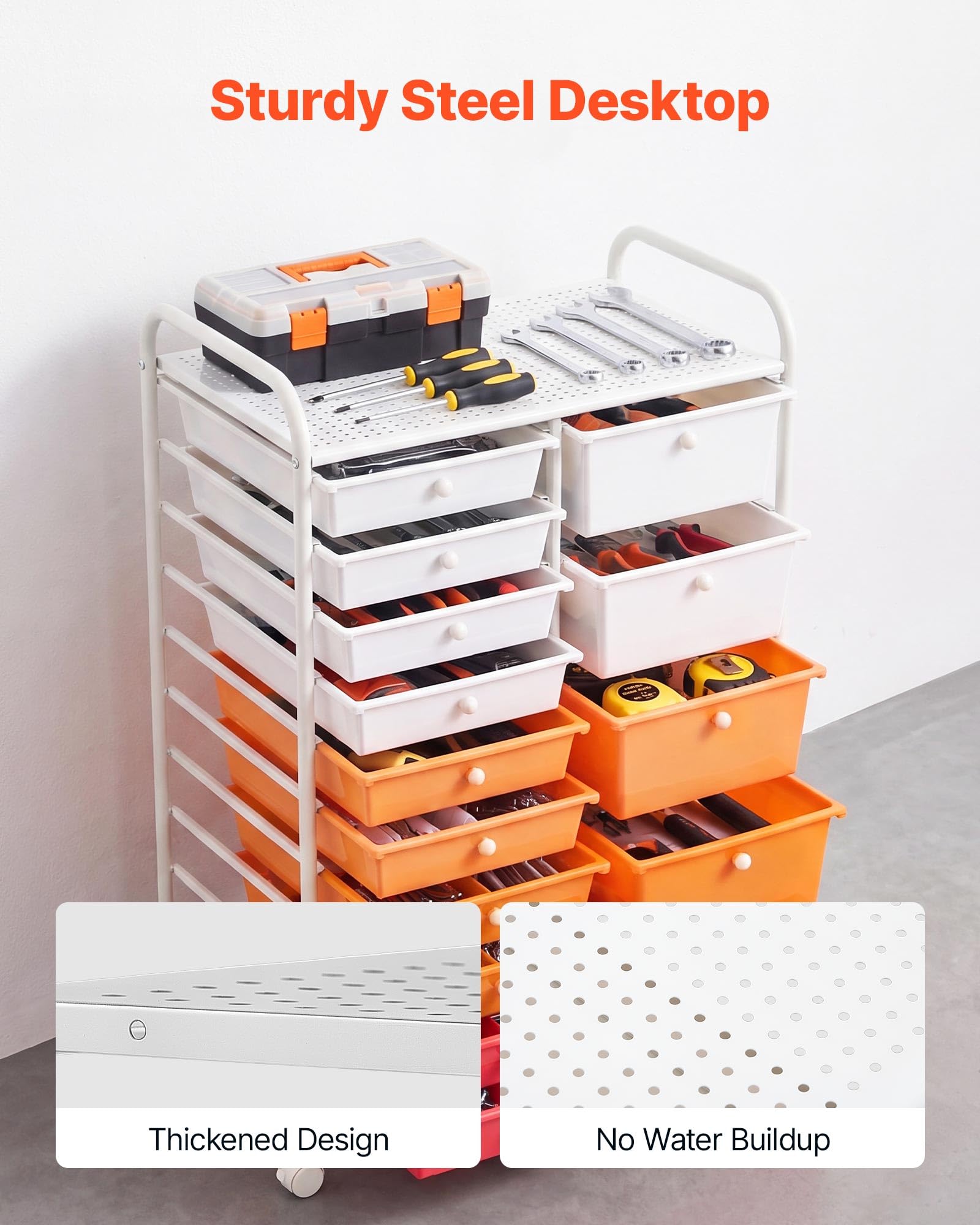 VEVOR Carrello Multiuso con Cassetti, Organizer a Doppia Fila con 15Cassetti, Carrello Portaoggetti, Telaio in Acciaio Verniciato, Ruote Girevoli a 360° con 2 Freni, per Ufficio, Garage, Rosso Sfumato