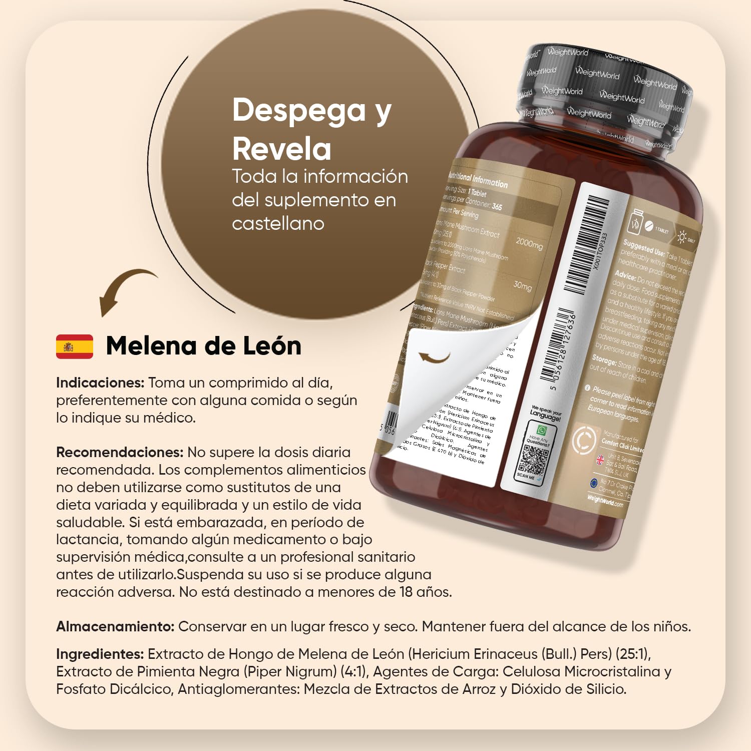 Melena de León 2000mg de Concentración 365 Comprimidos Veganos (1 Año de Suministro) - Extracto de Hongo Lions Mane o Hericium Erinaceus con Pimienta Negra, Sin OGM y Sin Gluten