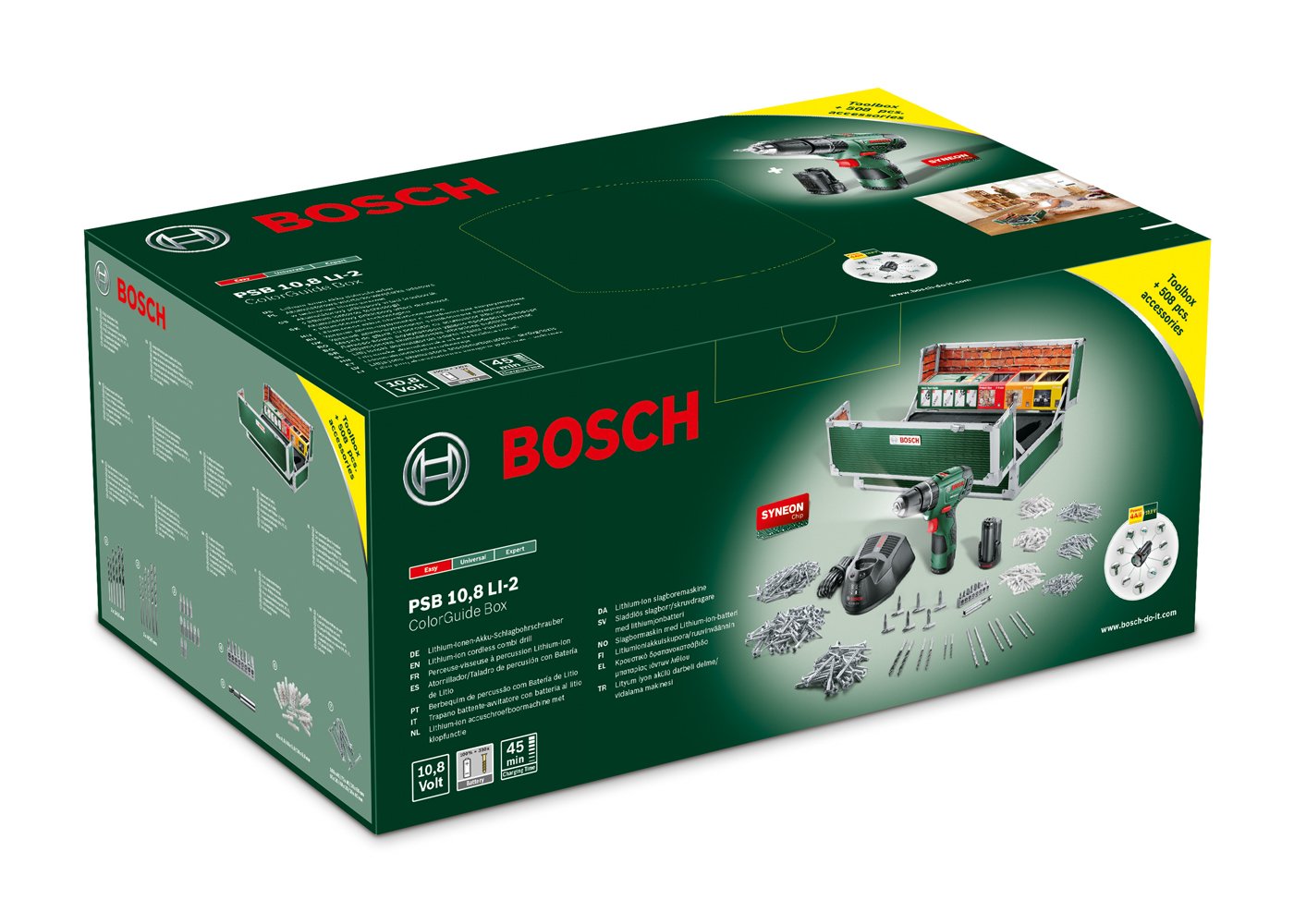Bosch DIY Akku-Schlagbohrschrauber PSB 10,8 LI-2 Toolbox, 2 Akku, Ladegerät, 508 Zubehörteile, Koffer (10,8 V, 2,0 Ah, Max. Schrauben-Ø 6 mm, Max. Bohr-Ø Stahl/Holz/Stein 8/20/6 mm)