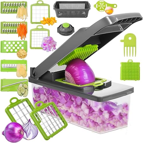 Picador de verduras con recipiente, picador de cebolla profesional, picador multifuncional 11 en 1, picador de alimentos de 7 cuchillas, picador de