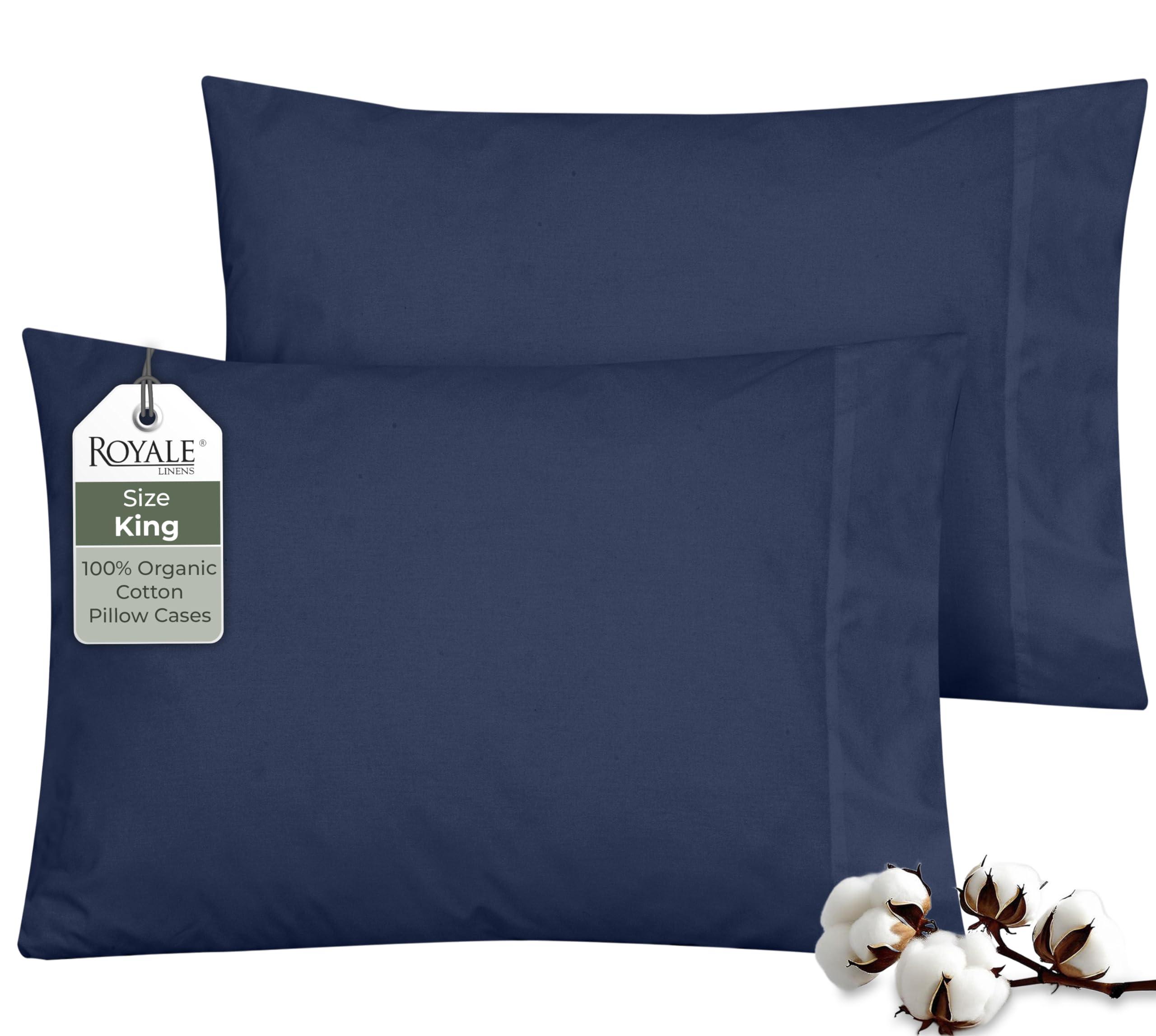 ROYALE LINENS 100% Organic Cotton Percale Pillowcases Set of 2 - King Size Percale Pillowcase - King Set of 2 Pillow Cover - Breathable, Cool &amp; Crisp Navy Pillow Cases (20"x40", Navy)