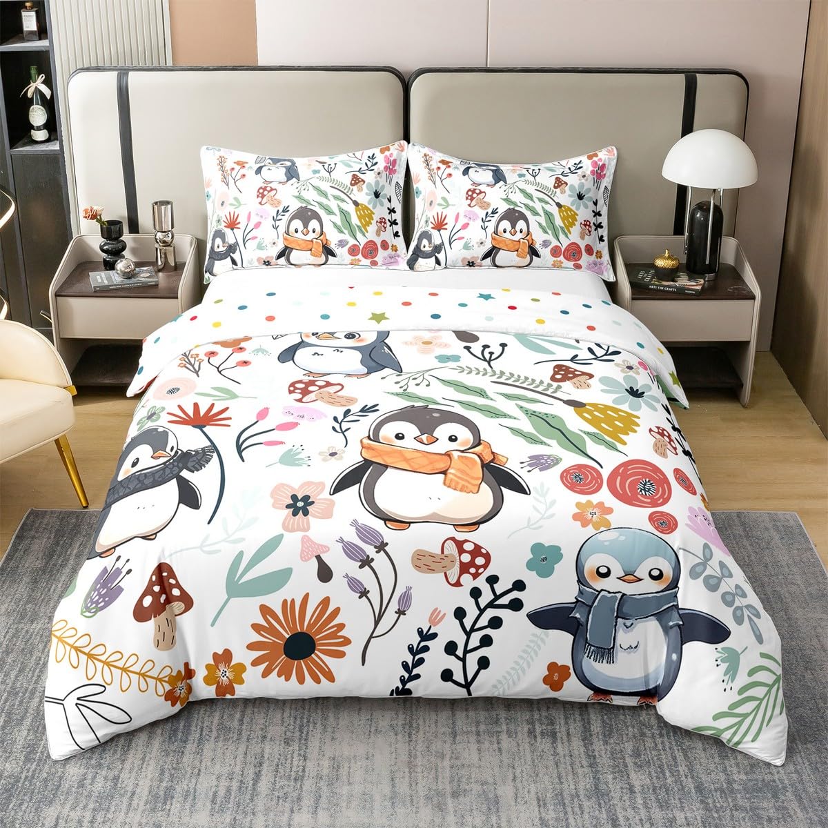 Süßer Pinguin 100% Bio-Baumwolle Bettbezug für Jungen Mädchen,Winter Wildlife Tröster Abdeckung,Cartoon Pinguin mit Schal Bettwäsche Set,Bunte Blumen Pilz Bettdecke 155x220