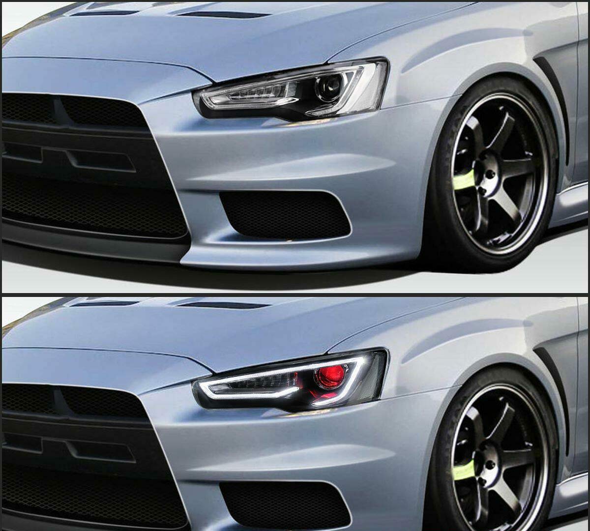 Pair Of Devil Demon Eye Halo Projector Headlights For 2008-2017 Mitsubishi Lancer EVO X - Black Housing, Clear Lens