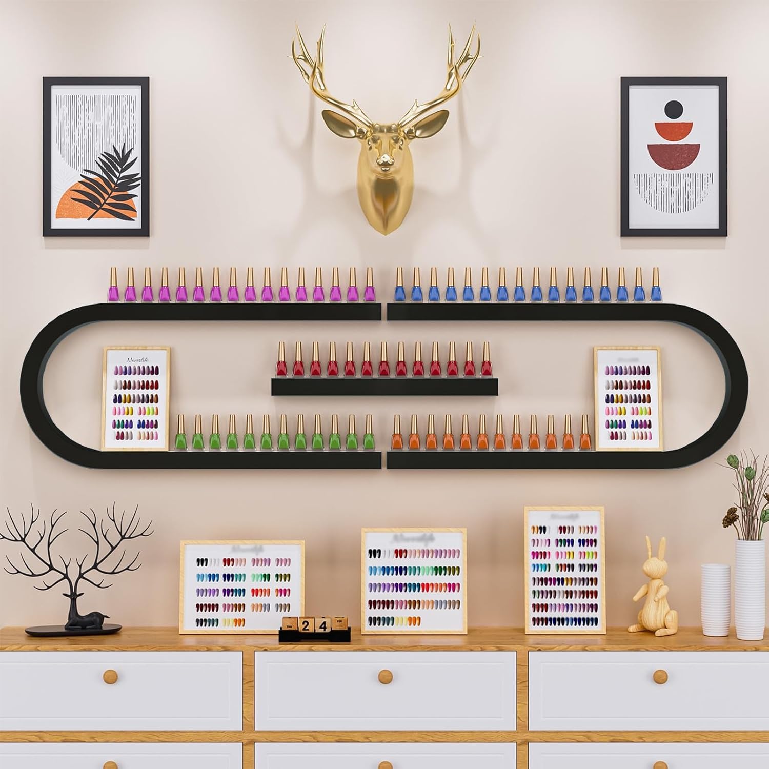 Estante de almacenamiento de aceites esenciales, estante montado en la pared para esmalte de uñas y perfume, organizador de belleza multifuncional para salón y tienda de uñas (negro)
