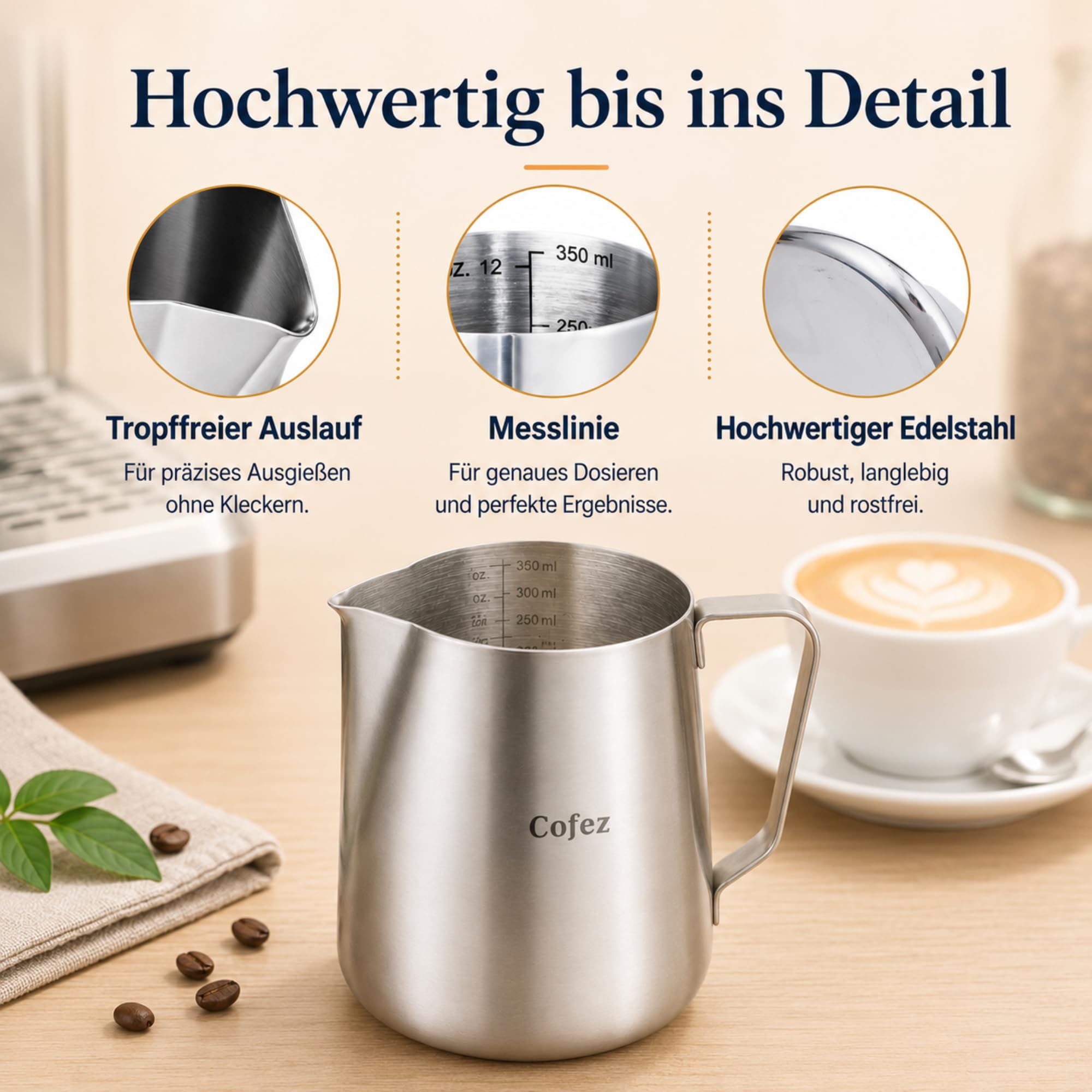 Milchkännchen Edelstahl 350ml mit skala - barista kanne für Latte Art - Hochwertige Milchkanne als Kaffee Zubehör - Perfekt zum Milchaufschäumen - Aufschäumkännchen zum Milch aufschäumen (Silber)