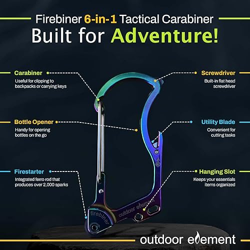 Miniatura 3 de OUTDOOR ELEMENT Firebiner 6-en-1 - Mosquetón Iniciador de Fuego EDC Multiherramienta de Emergencia - Llavero, Cuchilla Utilitaria, Abrebotellas y Más