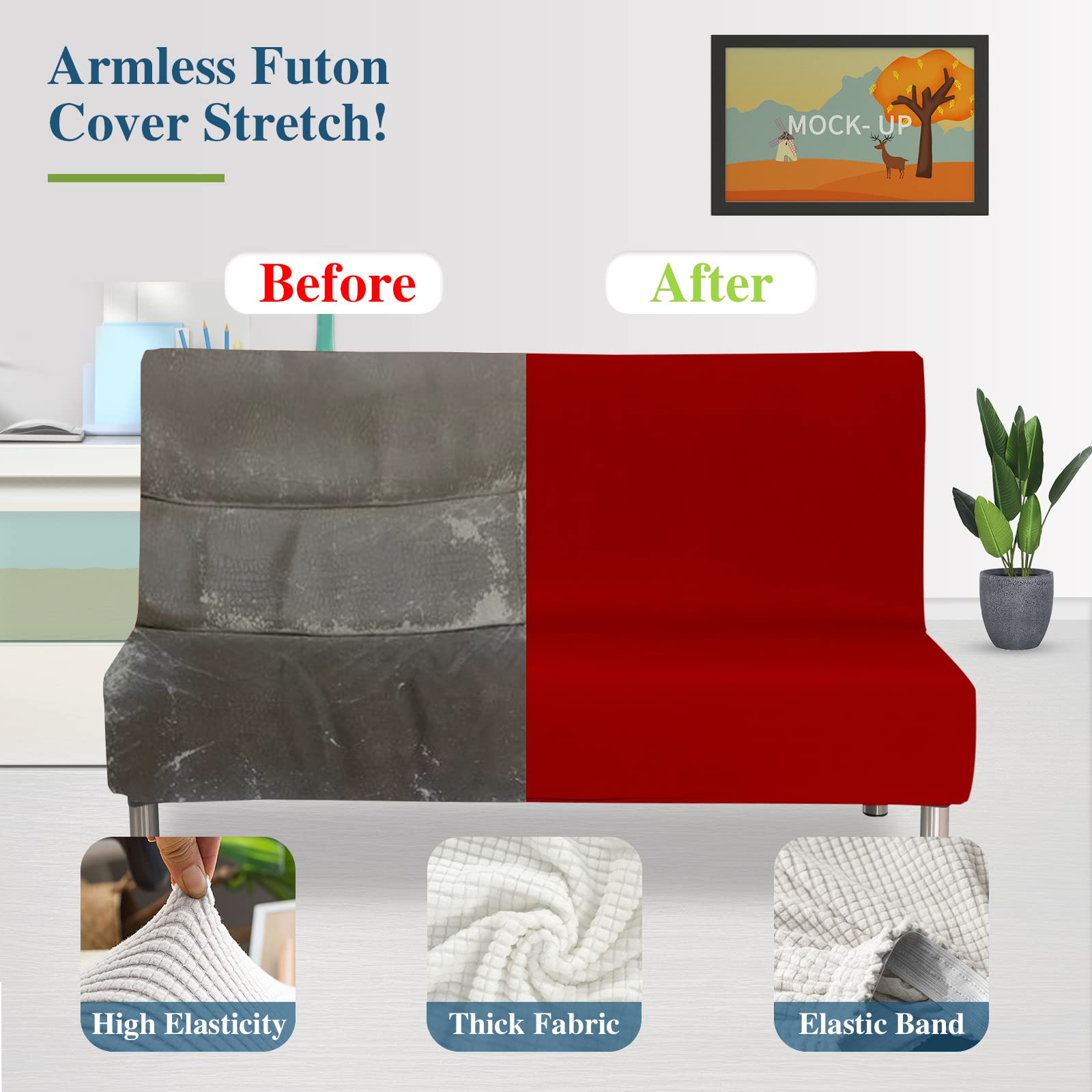 Jaotto Copridivano 2/3 Posti Senza Braccioli Elasticizzato, Fodere Copridivano Letto Antigraffio Lavabile Rimovibile, Copridivano Clic Clac Elastico Pieghevole Antiscivolo per Casa Soggiorno,Rosso