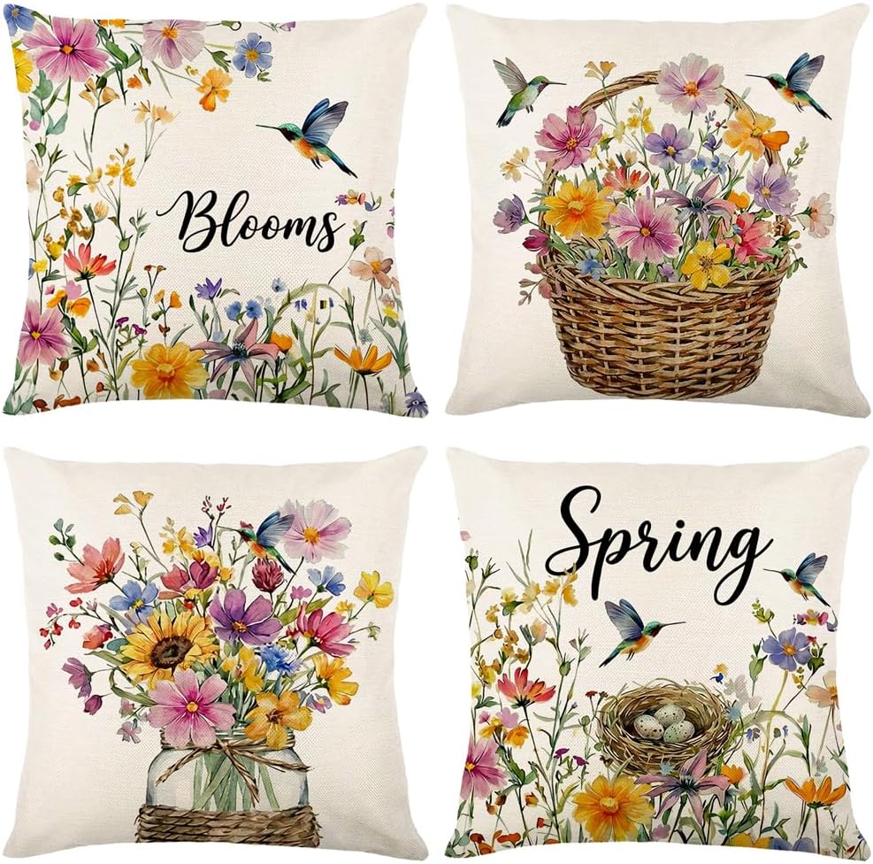 wyooxoo Farmhouse Pillow Covers 20x20 Set of 4 Spring Summer Throw Pillow Covers Linen Flower Butterfly Bird Decorative Pillowcases for Sofa Couch Living Room Outdoor