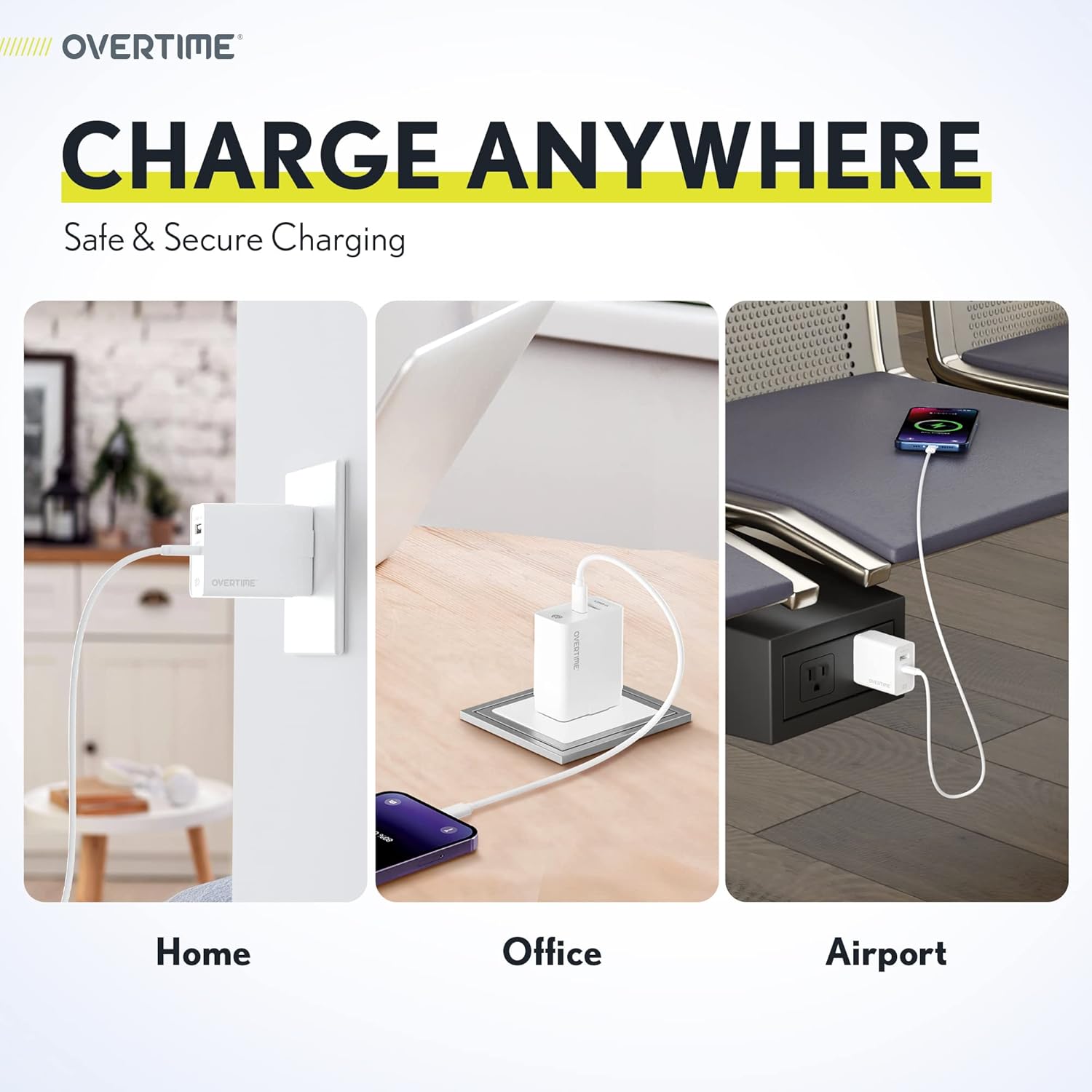 Overtime 3PC Charging Kit, Wall and Car Charger, Apple MFI Certified Lightning to USB-C 6ft Charging Cable for iPhone/iPad & iPod - White