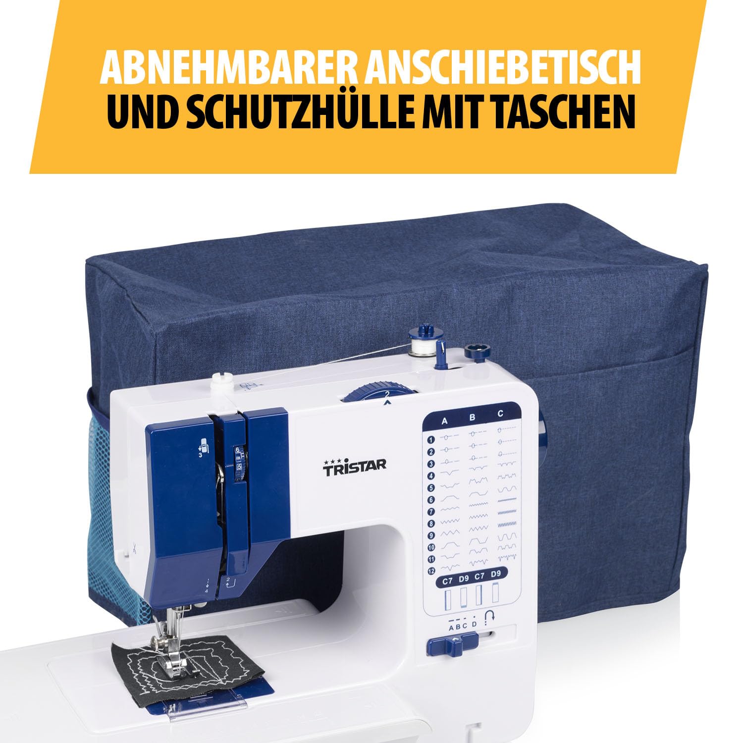 Tristar Nähmaschine mit 38 Stichprogrammen, Abnehmbarem Anschiebetisch, Freiarm, LED-Licht, Automatischem Nadeleinfädler, Fadenschneider, Geschwindigkeitsregelung, SM-6005