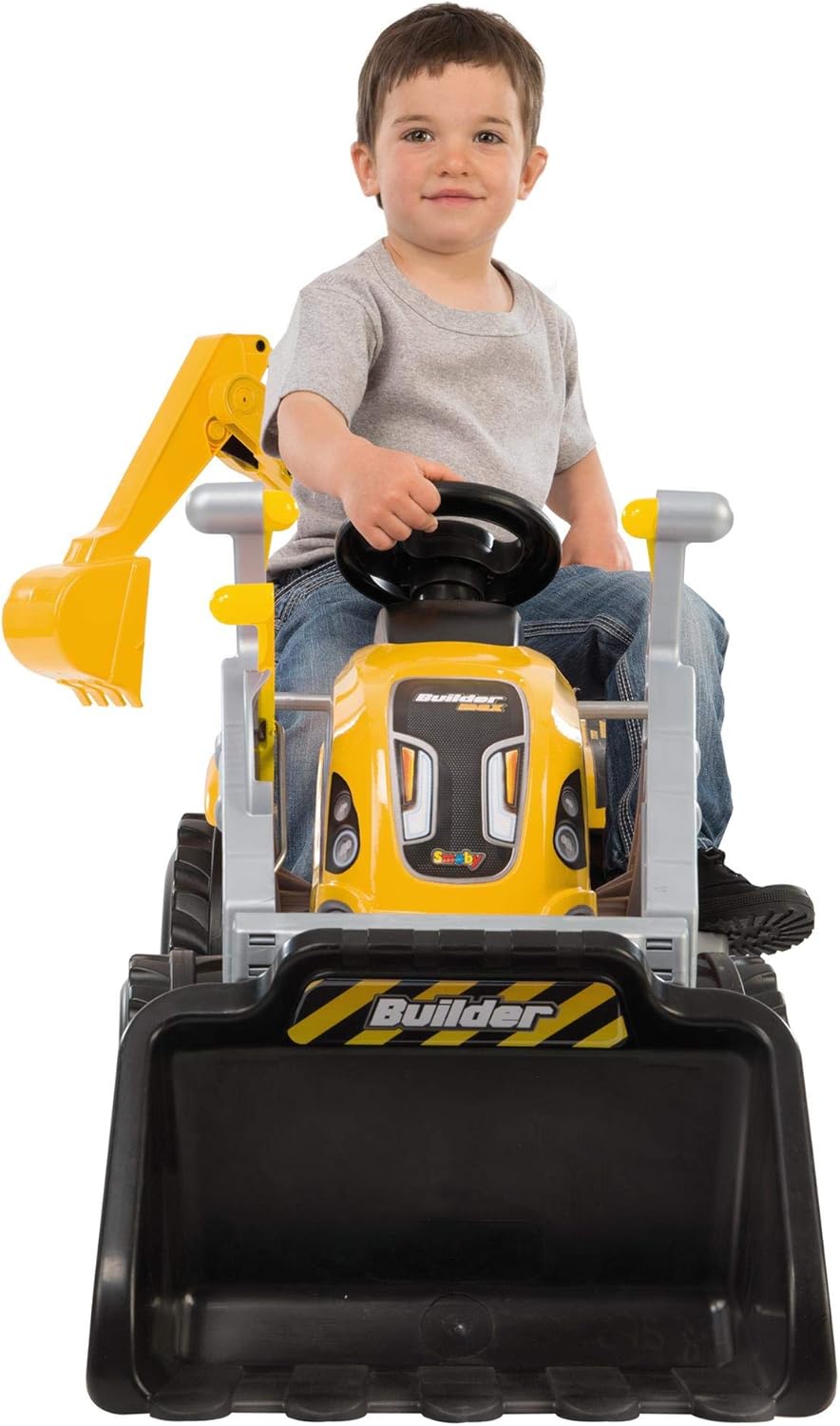 A child sitting on the yellow Smoby Builder Max Tractor, viewed from the front, showing the steering wheel and controls.