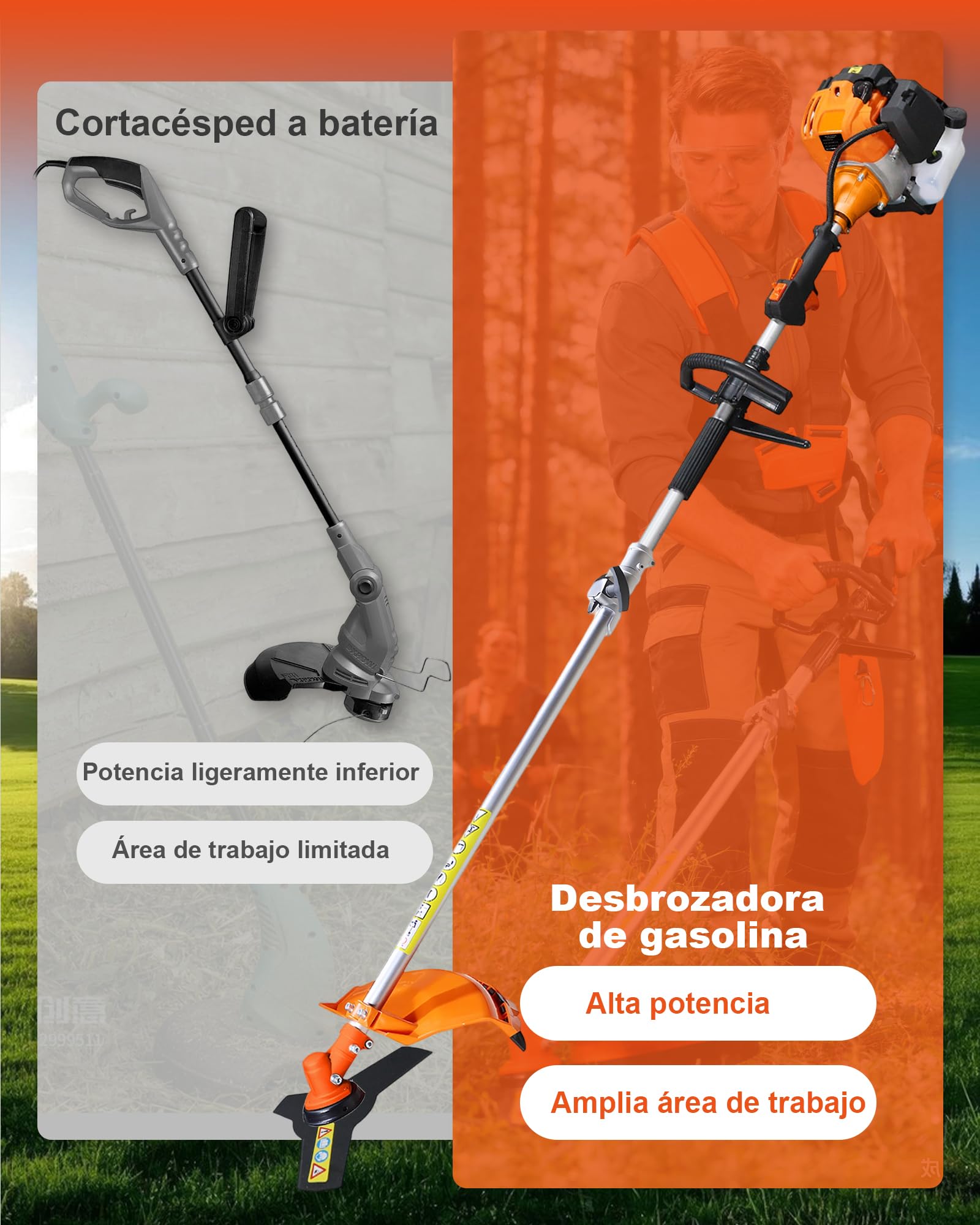 Desbrozadora de gasolina 52 cc 2 tiempos, cortasetos, motosierra 3 CV, dispositivo jardín aire 2 tiempos, potente