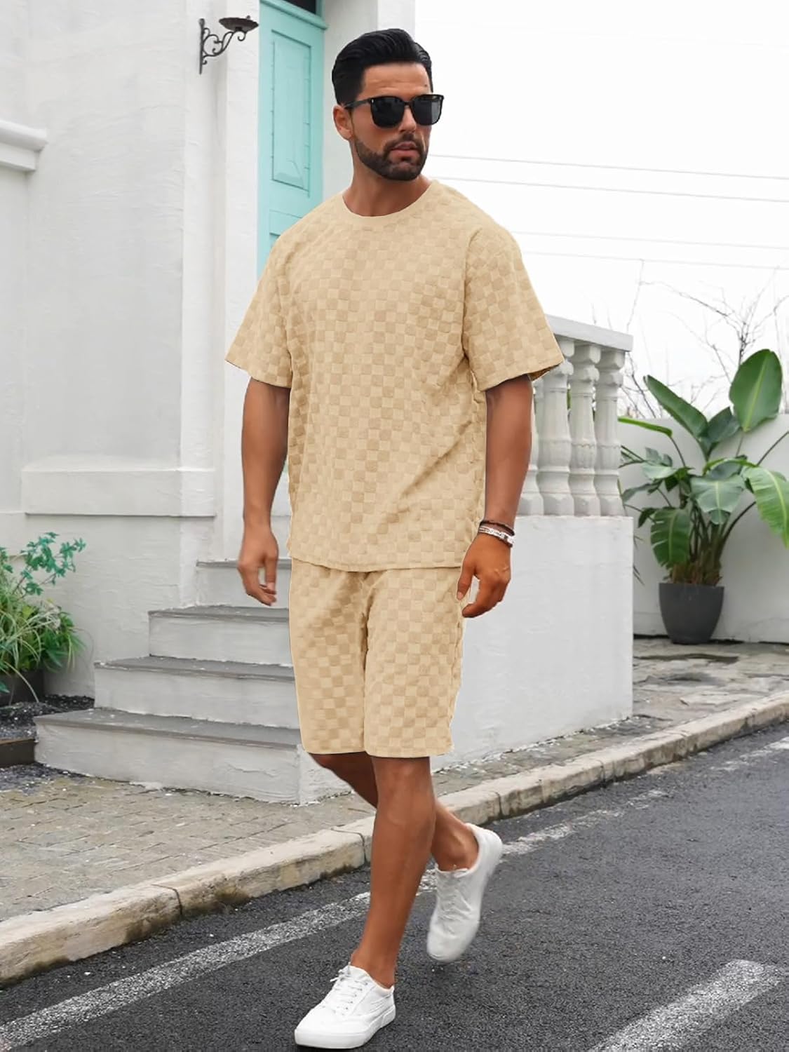 Men's 2 Piece Set Summer Outfits Casual Geometric Texture Short Sleeve Shirt and Shorts Track Suits for Men Set - Image 5