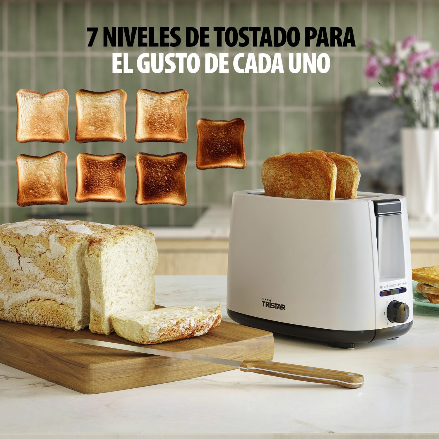 Tristar Tostadora, 2 ranuras, 7 niveles de tostado, accesorio para panecillos, funciones de descongelación, elevación, centrado y desconexión, blanco, BR-1055