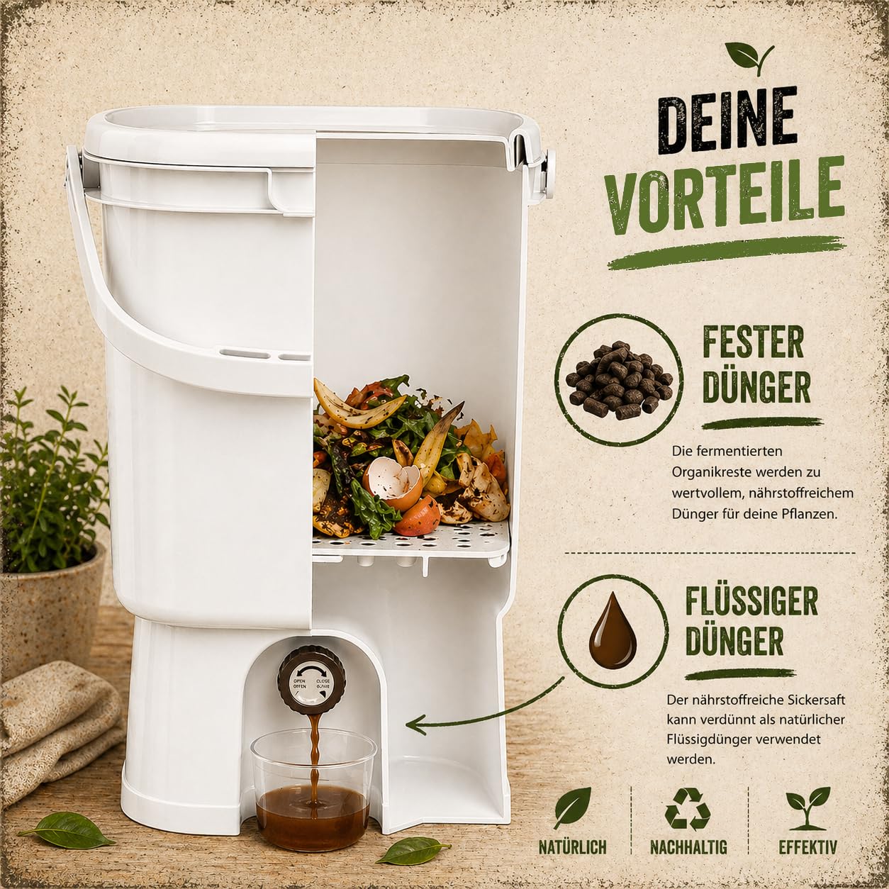 Bokashi Eimer Starterset - Japanisches Design (wei) Kompost Eimer +  Bokashi Ferment (1 Kg) + EM aktiv (1 Liter) + Bokashi Broschre -  Bioabflle ...