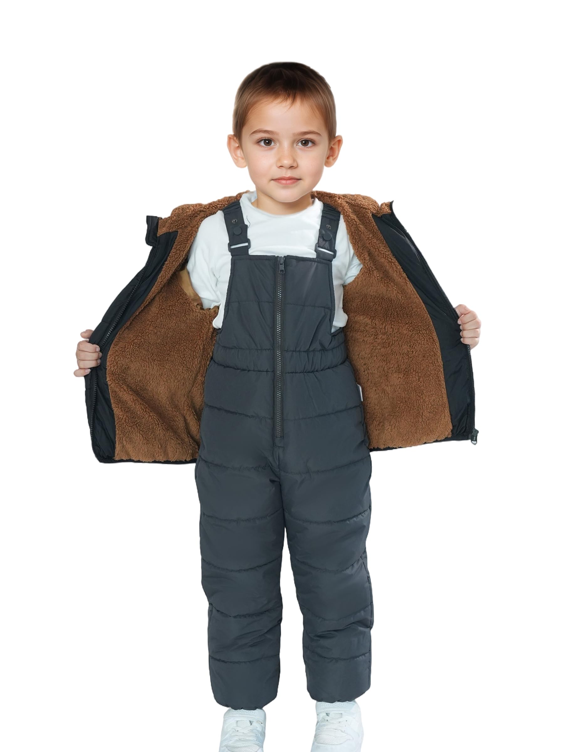 Sunny Sprout Pantalone da Neve per Bambini con Bretelle - Grigio Scuro Imbottito Impermeabile con Zip Frontale - Tuta Termica per Sci e Giochi Invernali