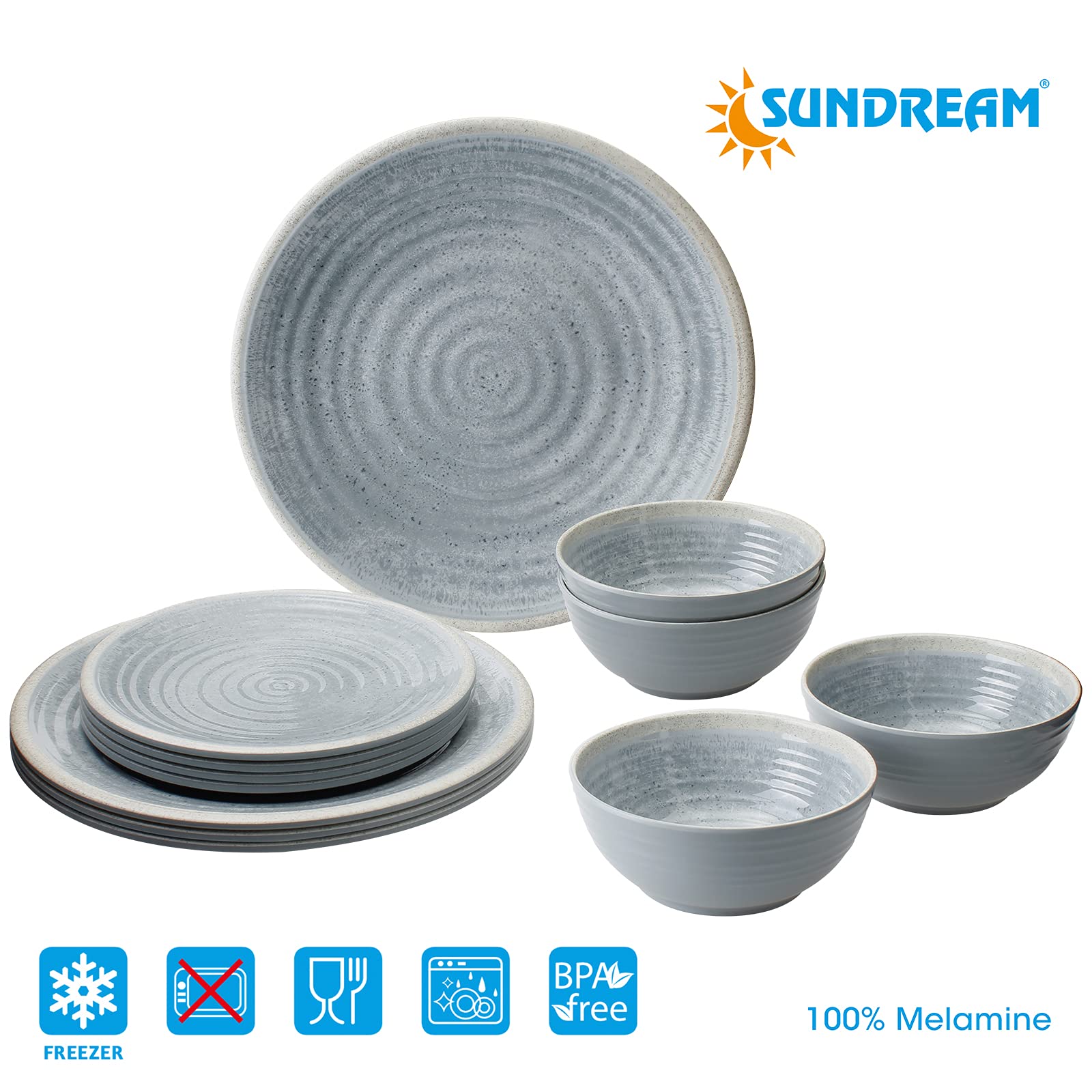 Camping-Geschirr Set Melamin 2-4 Personen | SUNDREAM Mirage 12, 16 oder 36 teilig | Teller, Schüsseln oder Becher | Ultra-Leicht, Bruchfest, Kratzfest & BPA-Frei, Vintage Stil in Blau