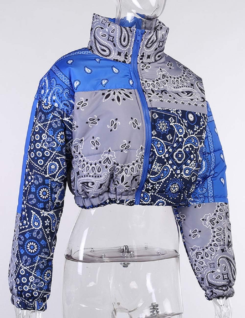CHARTOU Women's Cute Stand Collar Paisley Quilted Puffer Crop Down Alternative Jacket Coat (Medium, Blue)