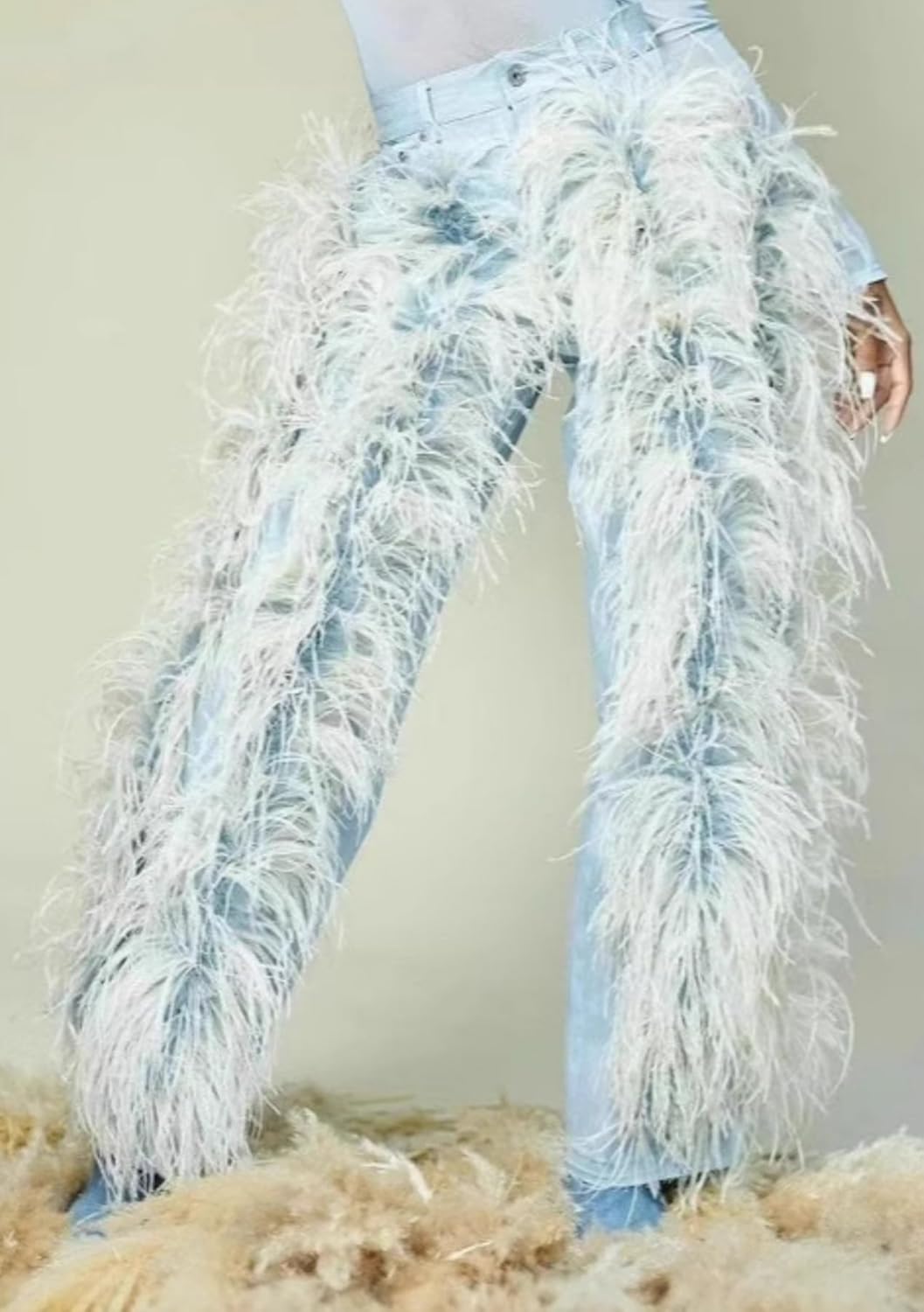 LROSEY High Waisted Jeans for Women Trendy Loose Light Blue Wide Straight Leg Cargo Jean Pants with Patchwork Faux Fur