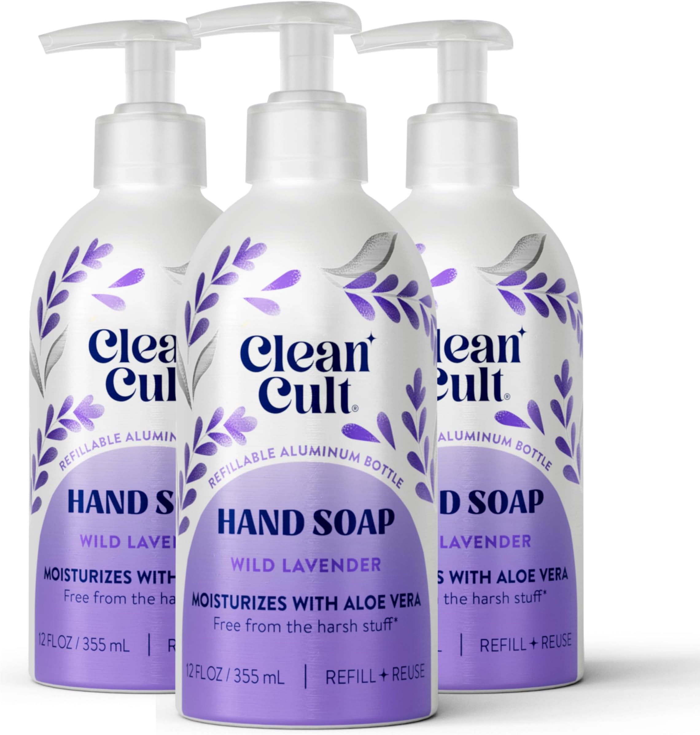 Wild Lavender - Moisturizing Liquid Hand Soap - Refillable Aluminum Bottle - Made with Aloe Vera & Lavender Essential Oil - Nourishes & Moisturizes Dry & Sensitive Skin - 12 oz - 3 Pack