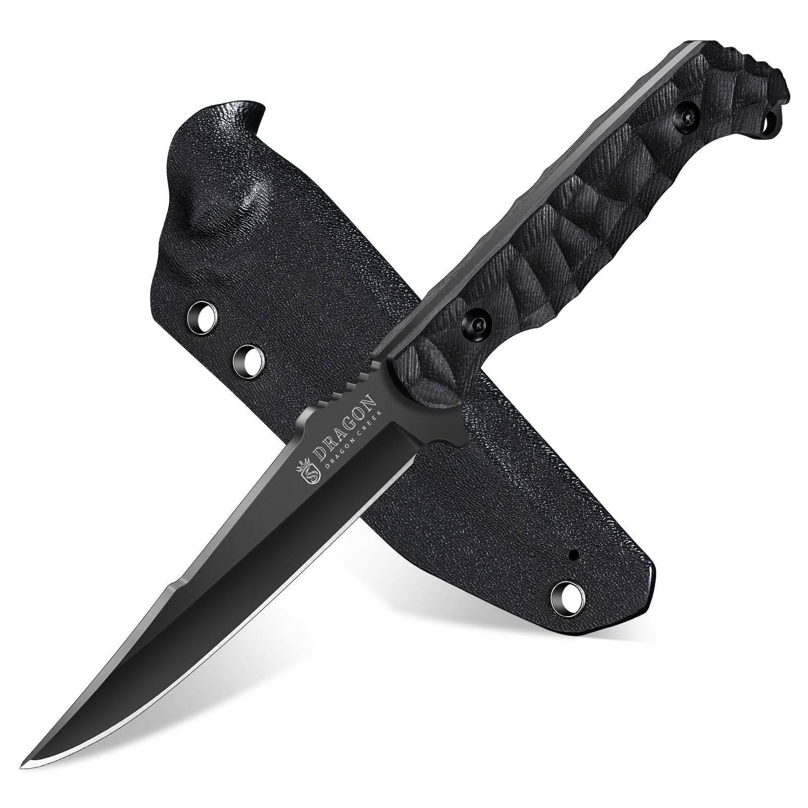 Dragon Creek Fixed Blade Knife - Outdoor Tactical Survival Knife With Sheath G10 Full Tang Handle for Camping Hiking Christmas Thanksgiving Gift Men Black