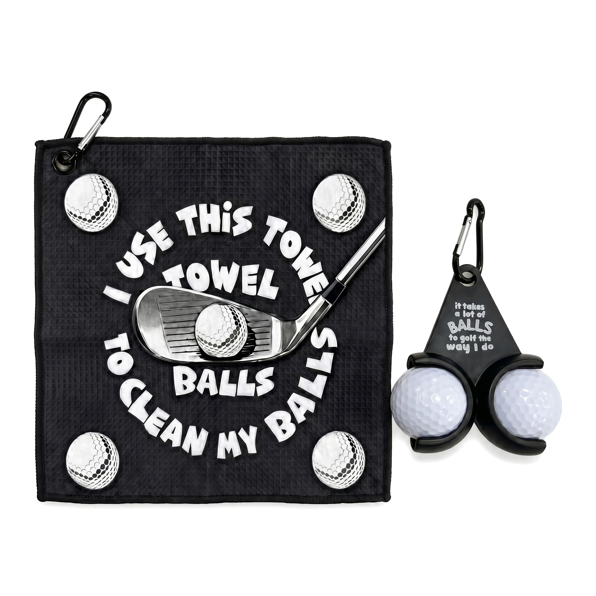 Golf Gifts for Men, Gifts for Him Birthdays Fathers Day, Golf Towel Set, Funny Golf Towel paired with a tiny and lightweight Golf Ball Holder, Golfs Accessories Portable Ball Storage Rack. (black)