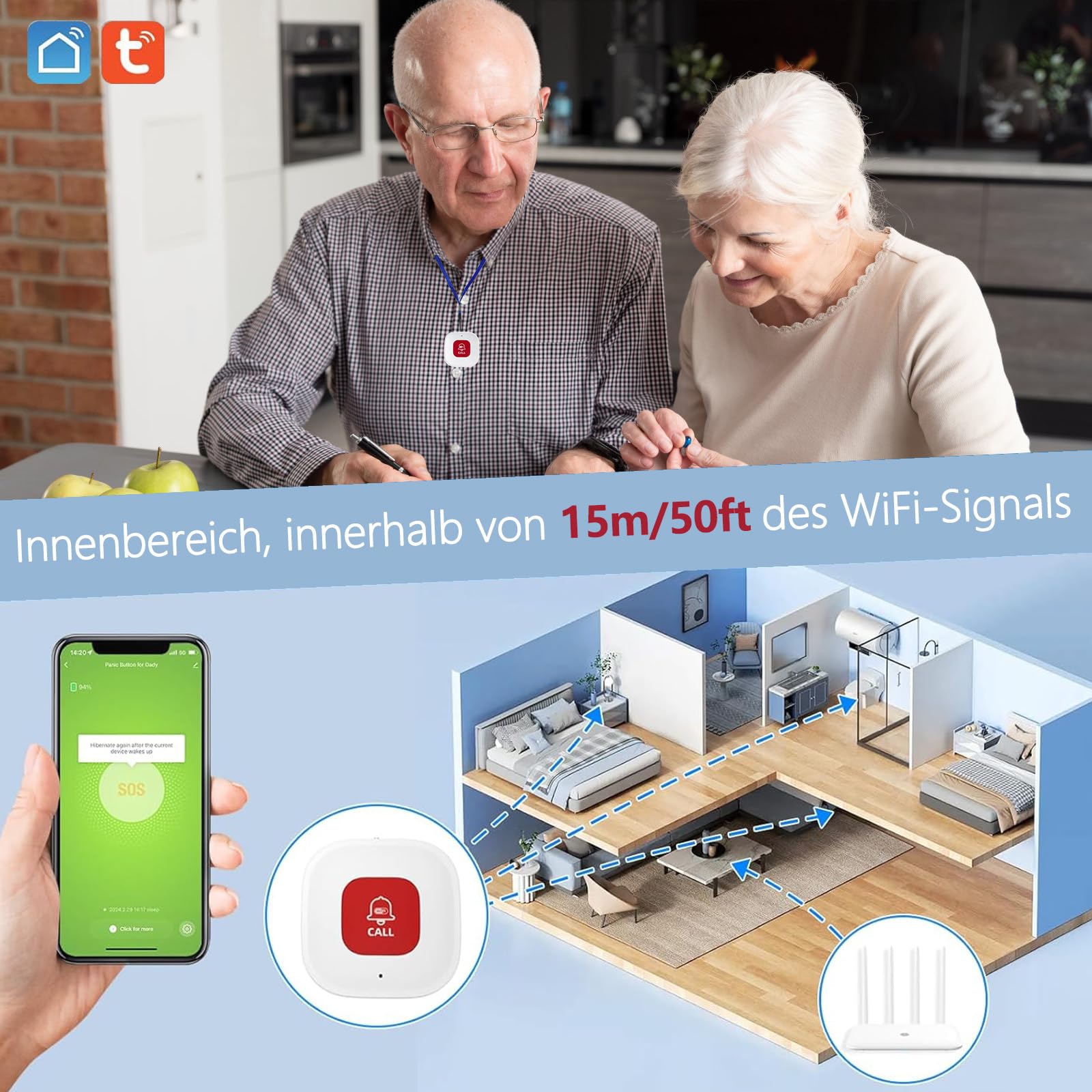 Bouton d'urgence Smart pour Seniors WiFi, Bouton d'urgence SOS Personnel, Appel d'urgence Domestique WLAN, Compatible avec Tuya Smart/Smart Life/Alexa pour Patients âgés, Enfants