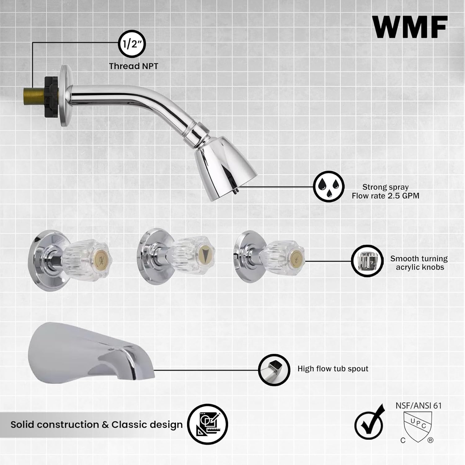 WMF 3 Handle Shower Faucet, Tub & Shower Trim Kit with Shower Head, Tub Spout, Bathtub Faucet, Chrome Finish, Non Pressure Balance, Wall Mount, Easy Install, Complete Shower Kit, Knob Handles