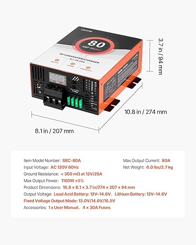 Miniatura 7 de VEVOR Convertidor de energía para RV, 80 amperios, 110V AC a 12V DC Cargador de batería para RV, Carga inteligente de múltiples etapas, Rango de