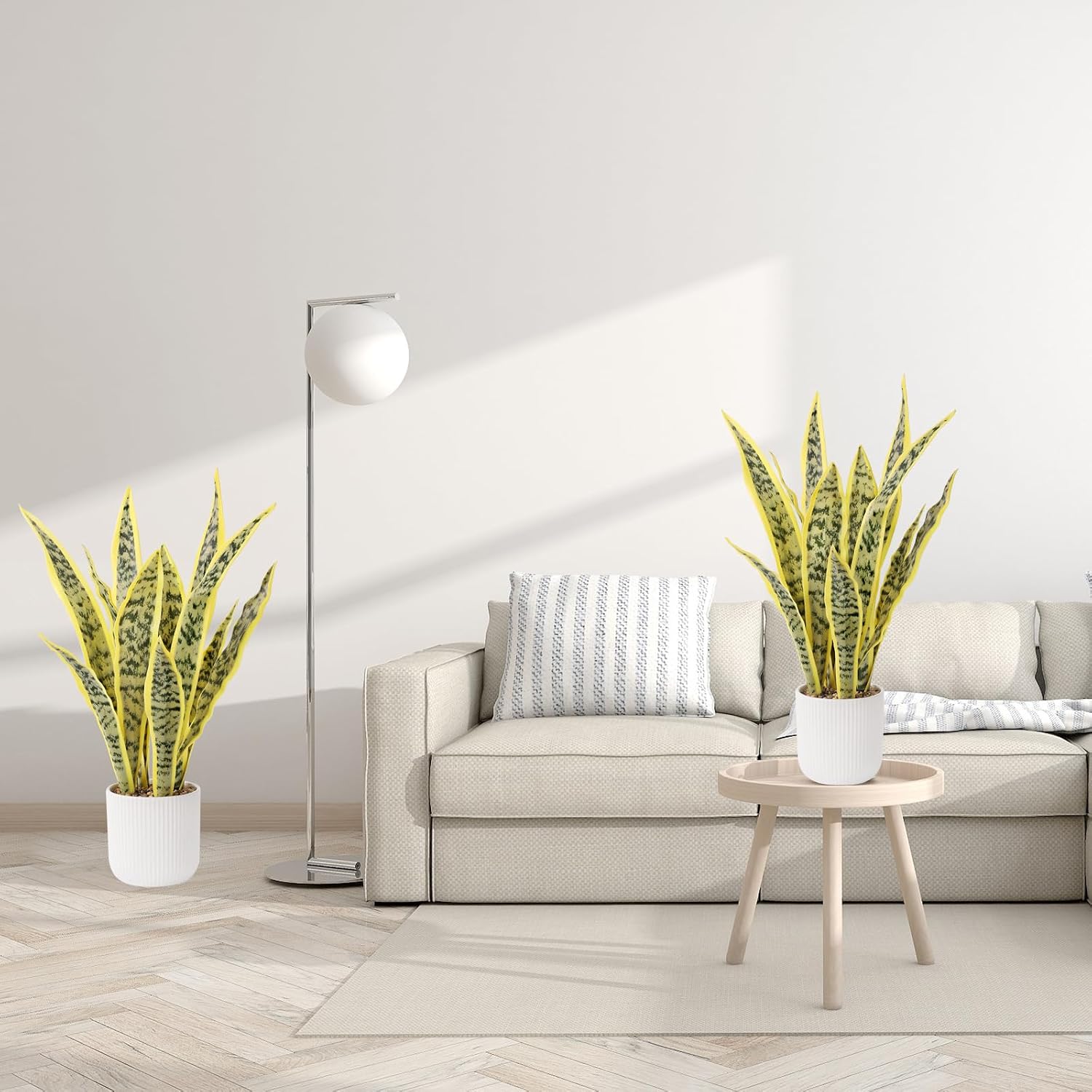 Artificial Realistic Snake Plant 21.5" with White Pot | Fake Sansevieria Greenery Plants Faux Snake Plant for Home Office Living Room Housewarming Gifts Indoor Decor-LightYellow