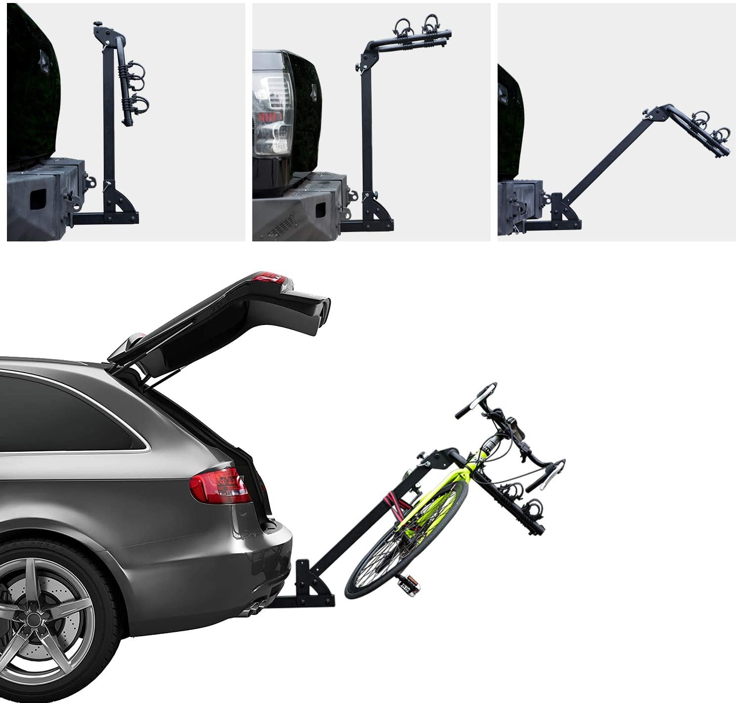 A car with the Amazon Basics bike rack tilted downwards, allowing access to the vehicle's trunk, with a bicycle still mounted on the rack.