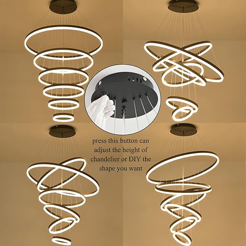 Miniatura 5 de Candelabro LED moderno con 6 anillos, luz colgante circular regulable con control remoto, lámpara colgante grande de techo alto negro para