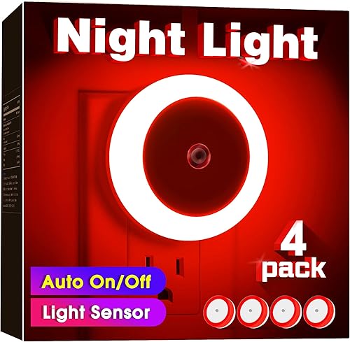 Miniatura 8 de Briignite Paquete de 4 luces nocturnas LED rojas, sensor de atardecer a amanecer, enchufable, 60 lúmenes, 0.6 W, plástico ABS, perfecto para
