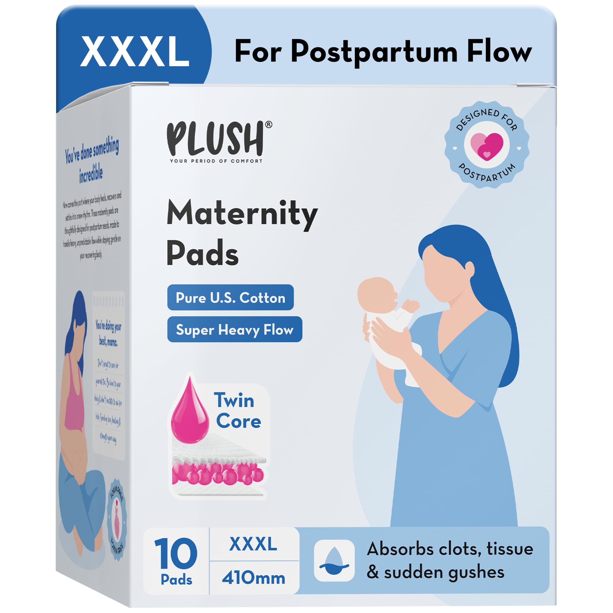 Plush XXXL Maternity Pads for Postpartum Bleeding, 10 Pcs (410 mm) | Twin Core Absorption | U.S. Cotton Softness | Absorbs Heavy Gushes & Clots | Soft, Breathable & Rash-Free | Safe for Healing Skin-image-17