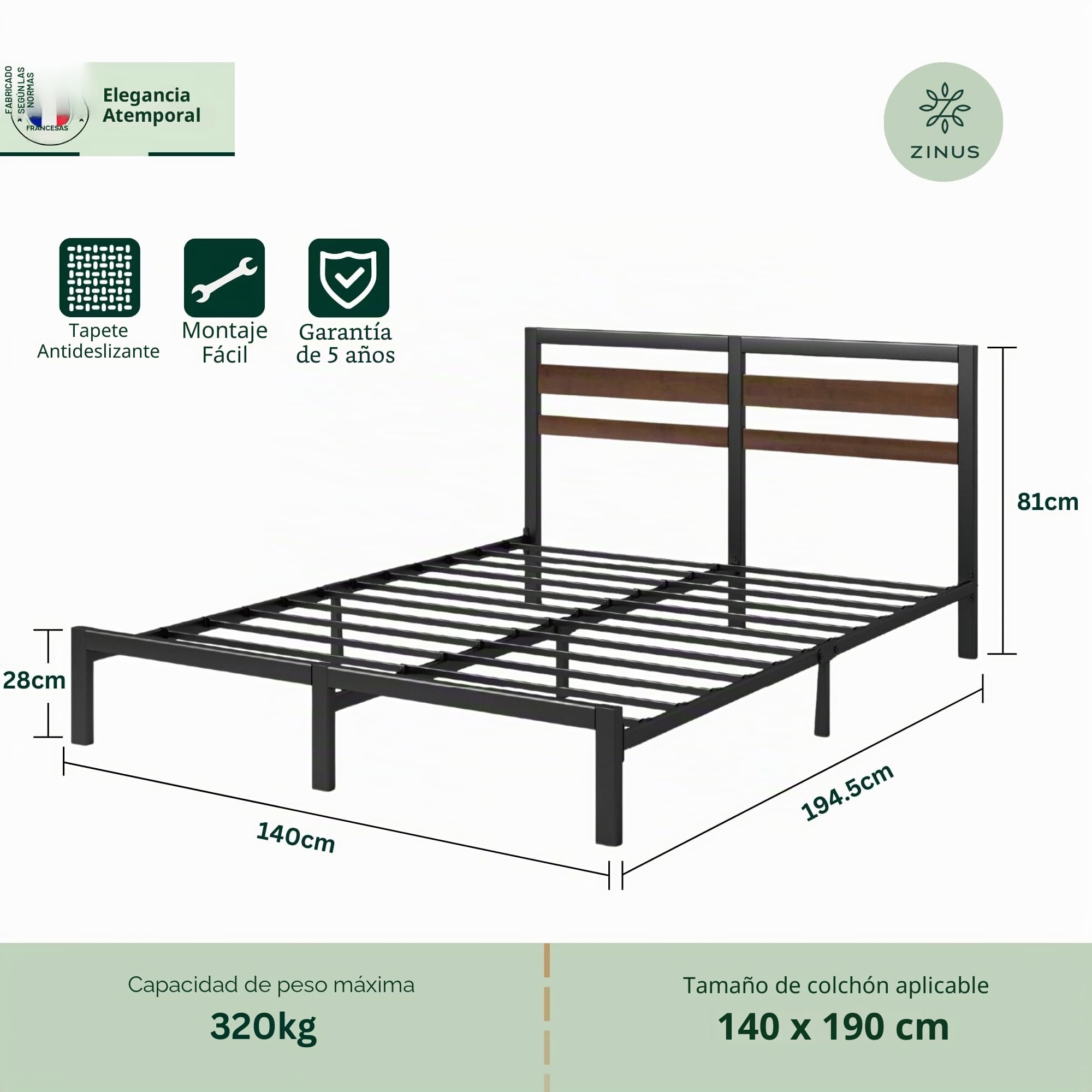 Cama de 140 x 190 cm, somier, de bambú y Metal, con cabecero de Cama, de fácil Montaje, Altura 80 cm, sin somier, Color Negro y marrón