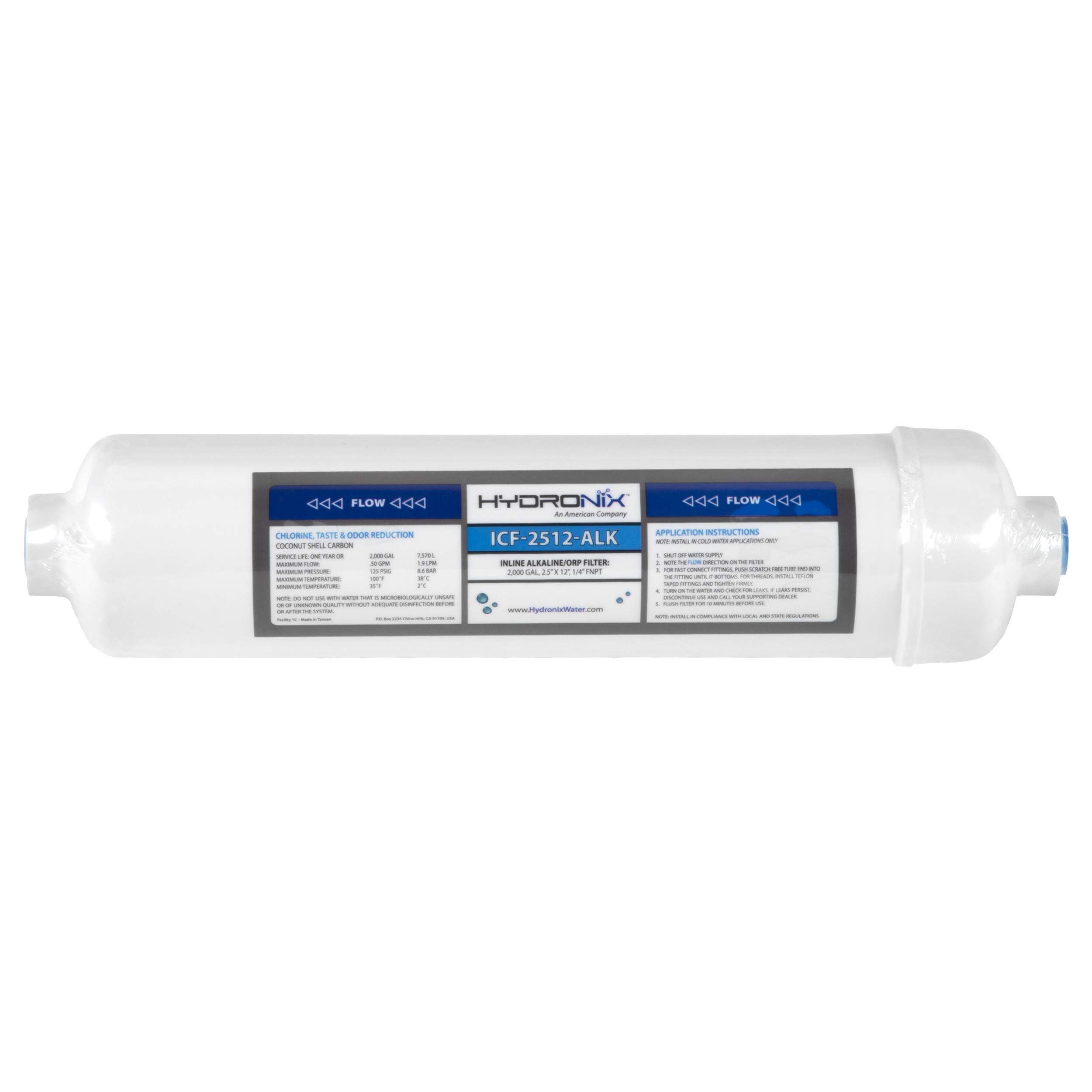 Hydronix HX-ICF-2512-ALK Alkaline Remineralization & Ph Inline Water Filter Fits Any Ro Drinking Systems, 1/4 inch Npt Ports, White