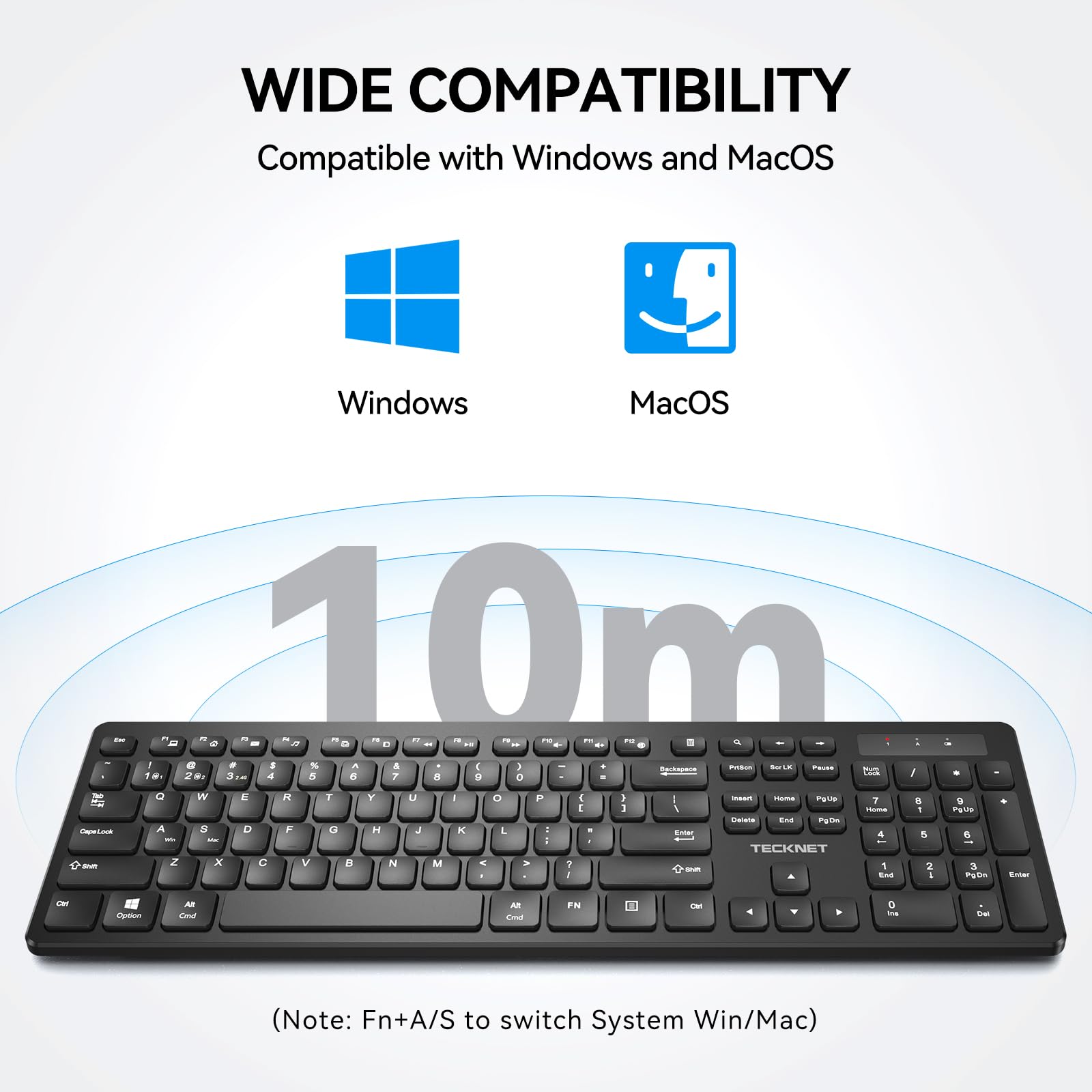 TECKNET Wireless Keyboards, Support 2.4G USB and Bluetooth - Full Size Computer Keyboards with Number Pad, Multi Device for PC, Desktop, Laptop, Tablet, 105 Days Standby Time, Black — view 7