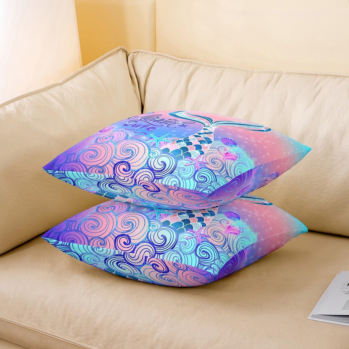 Girly Mermaid Throw Pillow Covers for Kids Child,Pink Blue Mermaid Tail Pillow Covers 24x24 set of 2,Tie Dye Pastel Coastal Animal Cushion Covers,Kawaii Princess Fish Scales Square Pillow Cases