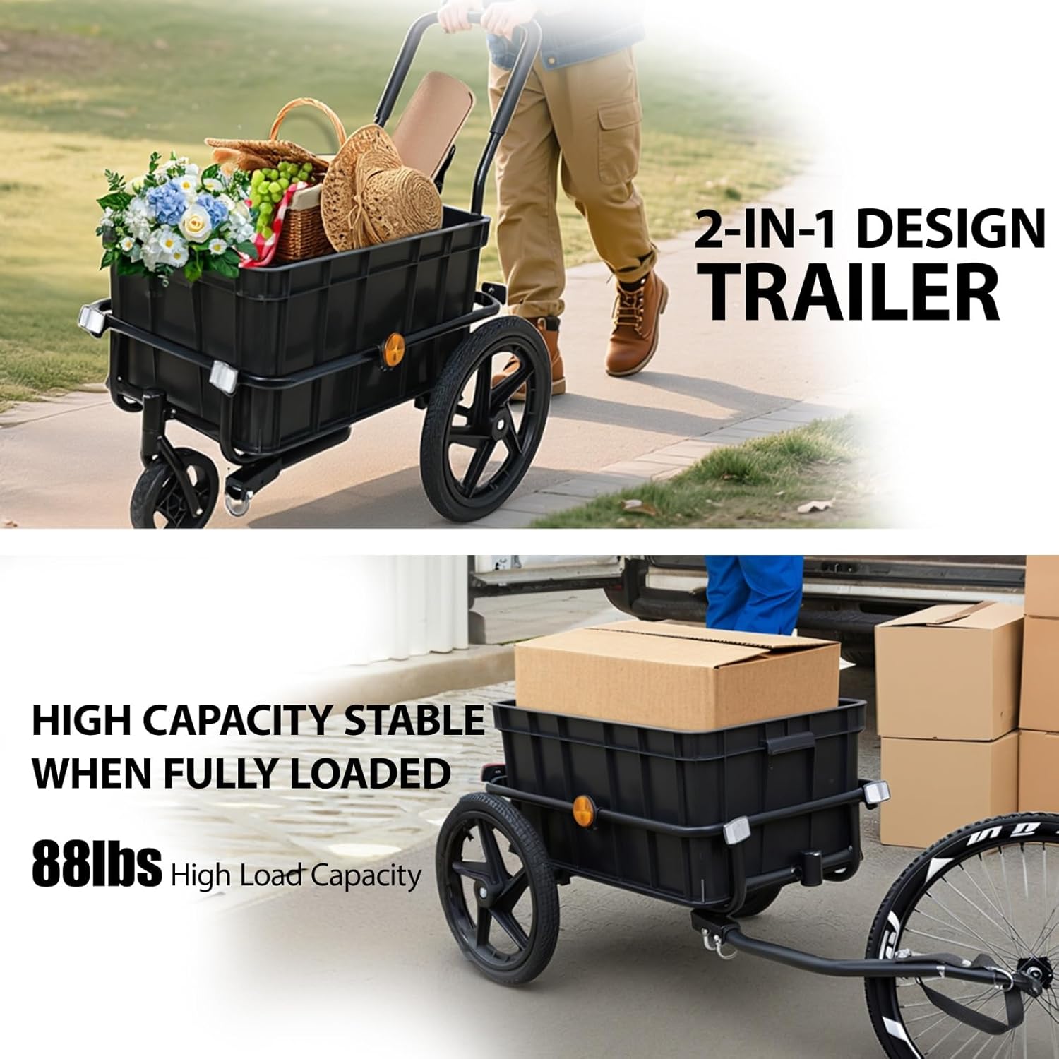 2-in-1 Bike Cargo Trailer Pushcart, Bicycle Trailer with Removable Box and Waterproof Cover, Black, Pushcart Stroller with Tow Hitch and Removable Handlebar, Black