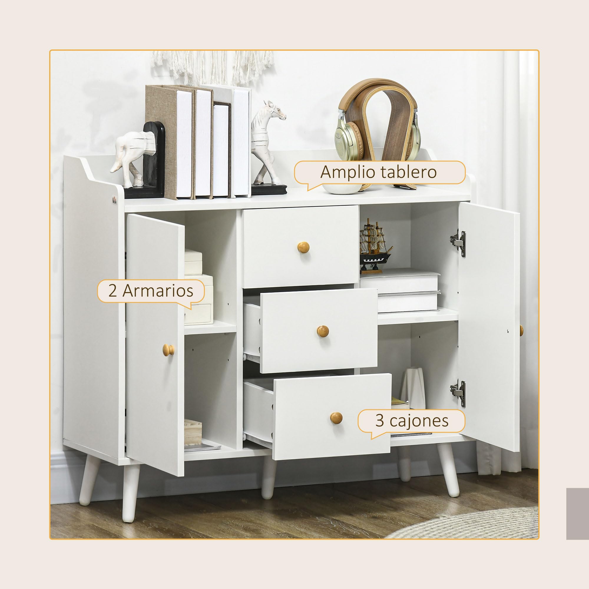 HOMCOM Aparador de Salón Moderno, Aparador de Cocina 90x32x80 cm Blanco | 2 Puertas, 3 Cajones, Patas de Madera de Pino, para Entrada Comedor Pasillo Dormitorio