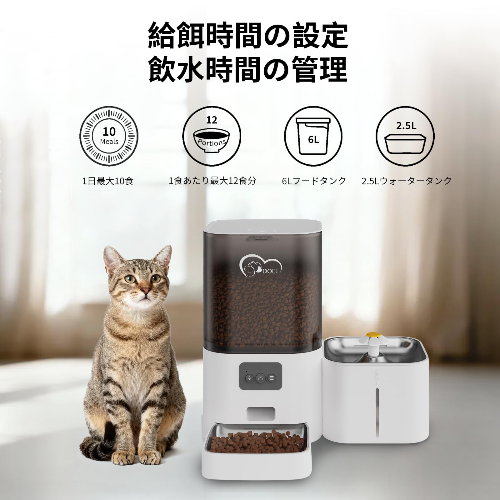 Amazon | DOEL 2-in-1 自動給餌器＆給水器、大容量6Lドライフード