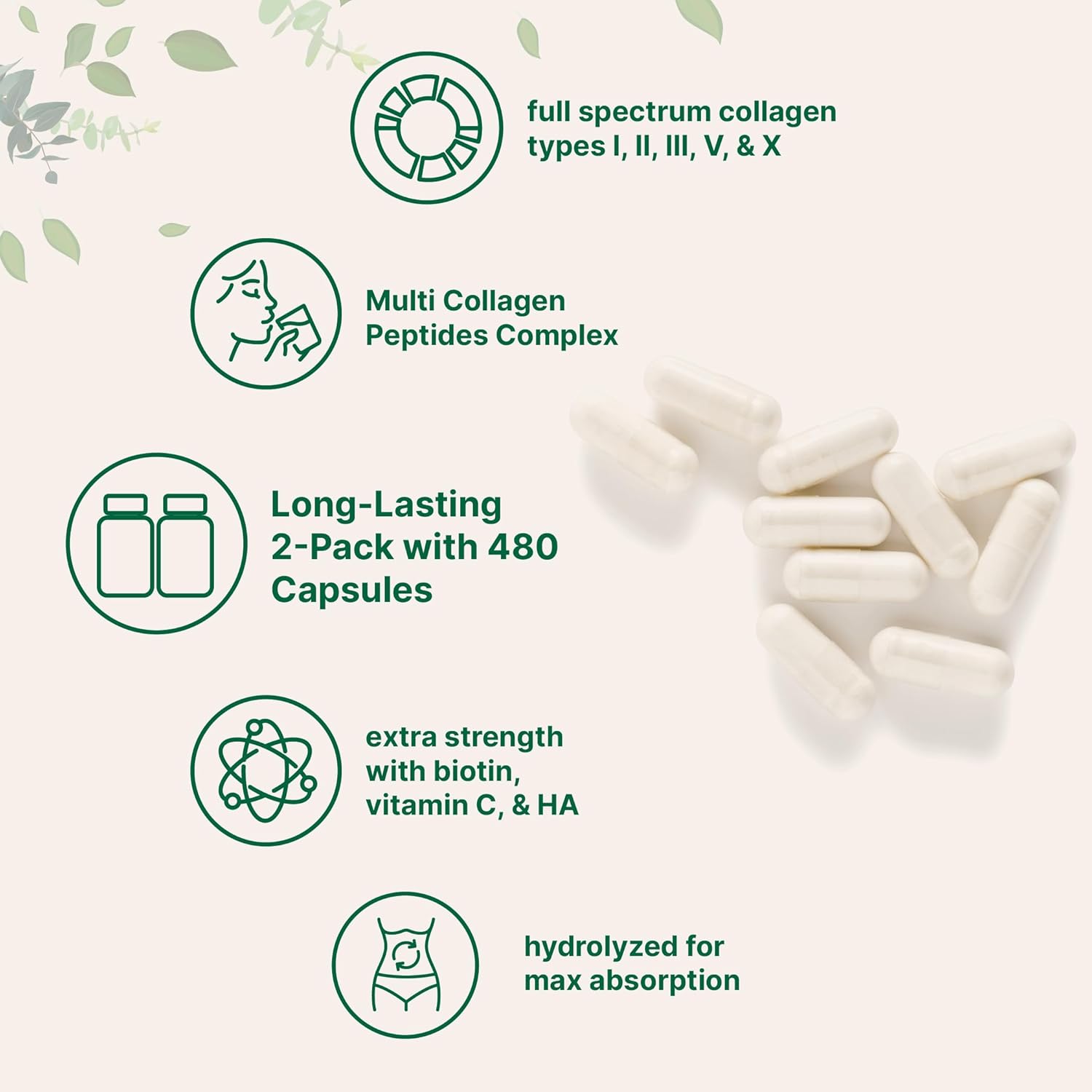 Micro Ingredients 2 Pack Multi Collagen Pills for Women & Men, 480 Capsules | Type I, II, III, V, X | Hydrolyzed Protein Peptides with Biotin, Hyaluronic Acid, & Vitamin C | Keto & Paleo Friendly - Image 4