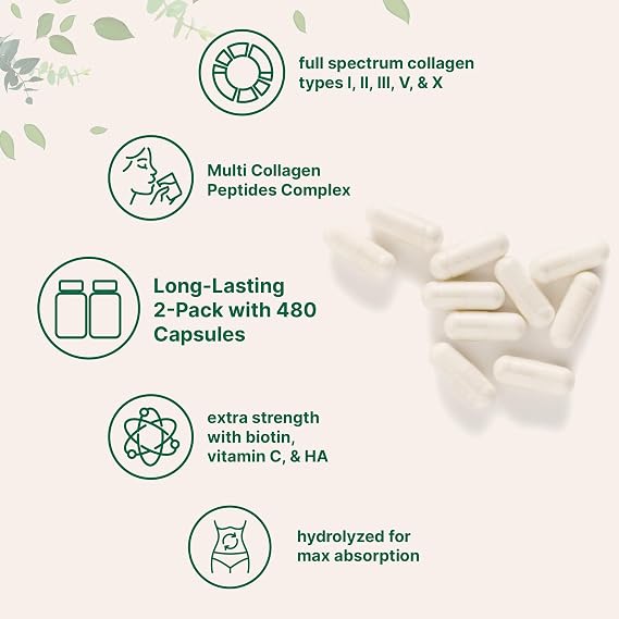 Micro Ingredients 2 Pack Multi Collagen Pills for Women & Men, 480 Capsules | Type I, II, III, V, X | Hydrolyzed Protein Peptides with Biotin, Hyaluronic Acid, Vitamin C | Keto & Paleo Friendly