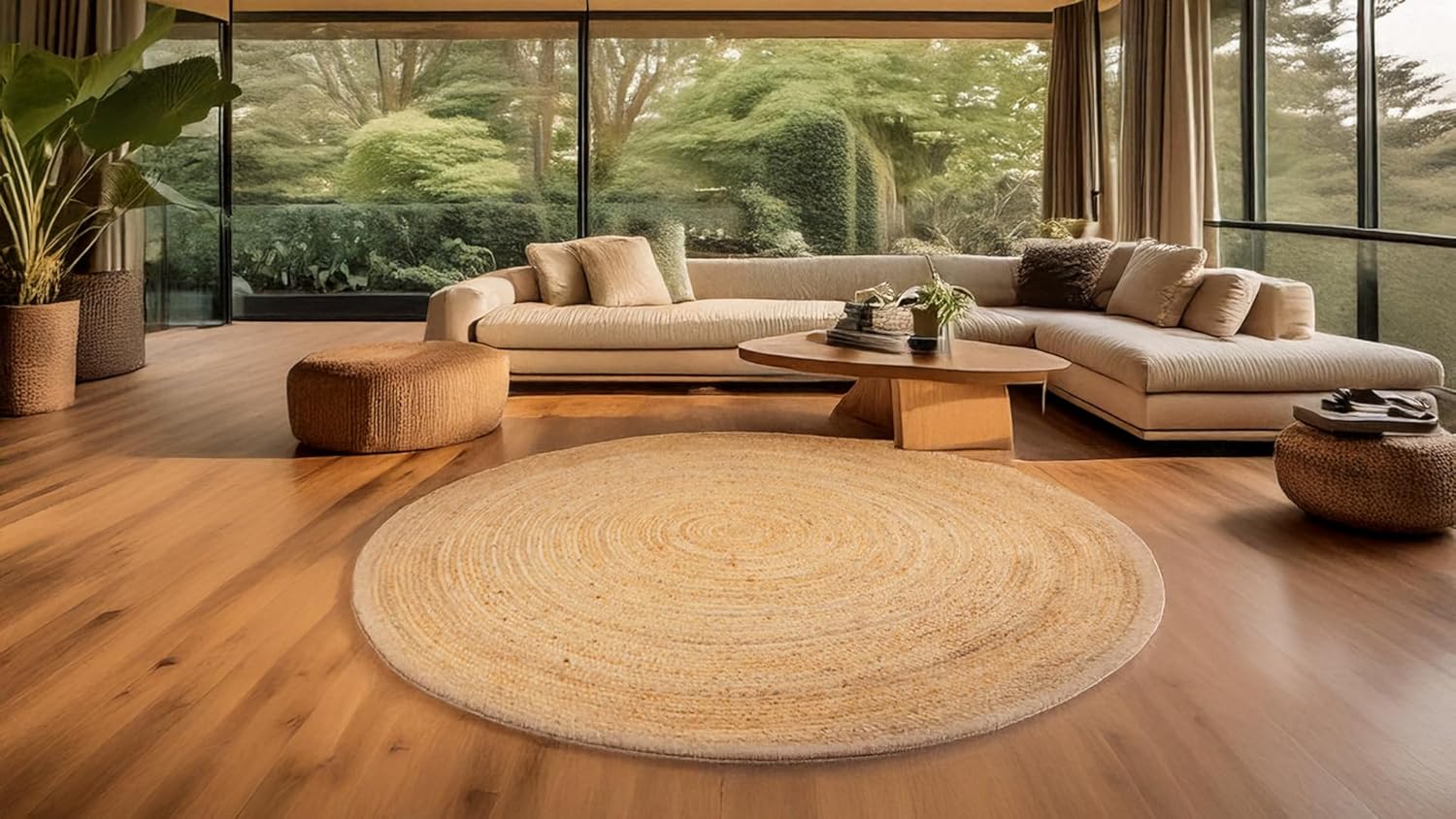 7 Feet Jute Hand Woven Area Rug, Reversible, Round, Solid Farmhouse Design, Natural Fiber, for High Traffic Areas, Bedroom, Living Room, Dining Room, Hallway, Office, Kitchen, Entryway