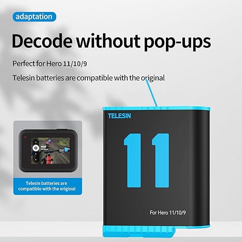 Miniatura 2 de TELESIN Paquete de 3 cargadores de batería para GoPro Hero 12 Hero 11 Hero 10 Hero 9 negro Caemra accesorios, estuche de carga triple con cable tipo