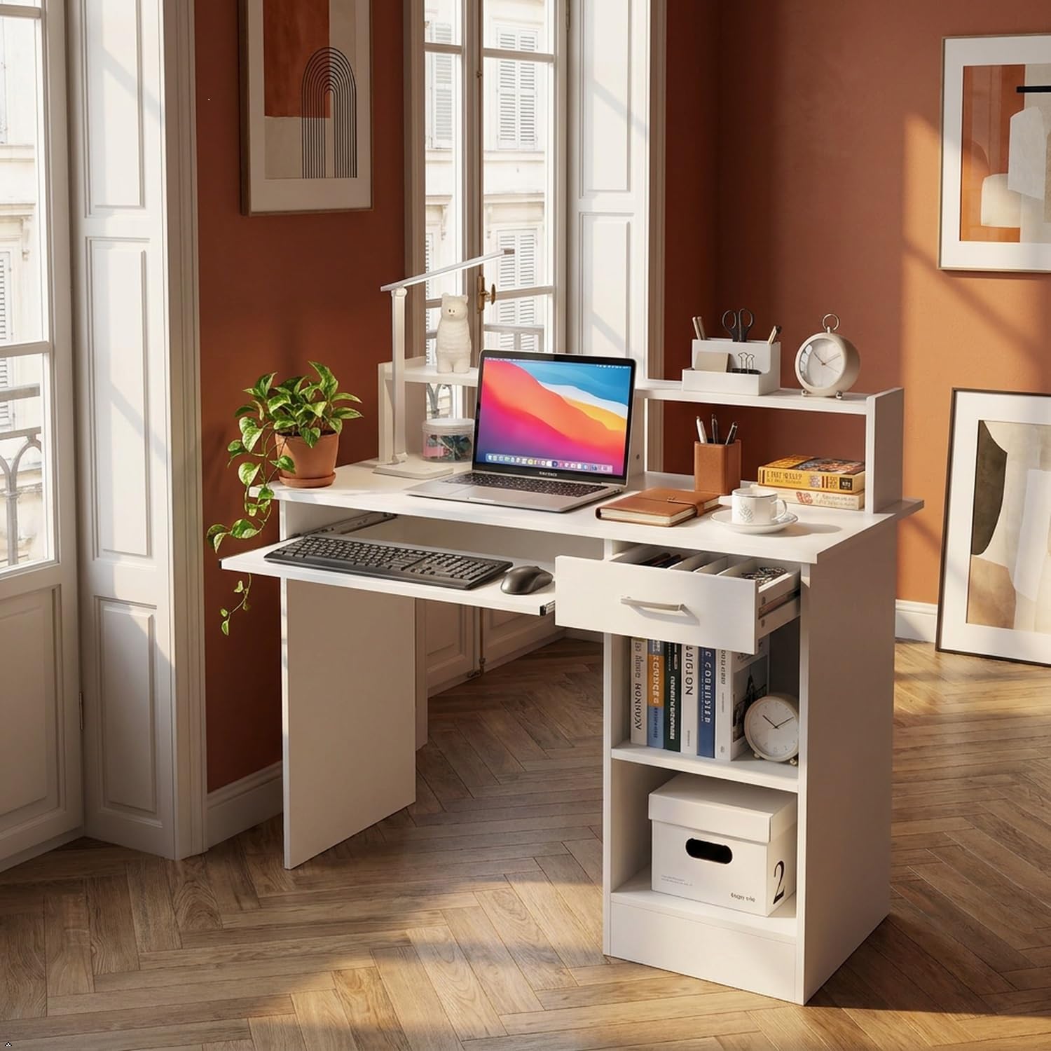 Yaheetech Scrivania per Computer Bianco Tavolo per PC da Studio con Cassetto Scrittoio con Libreria da Ufficio Salvaspazio Cameretta 106 x 50 x 94 cm