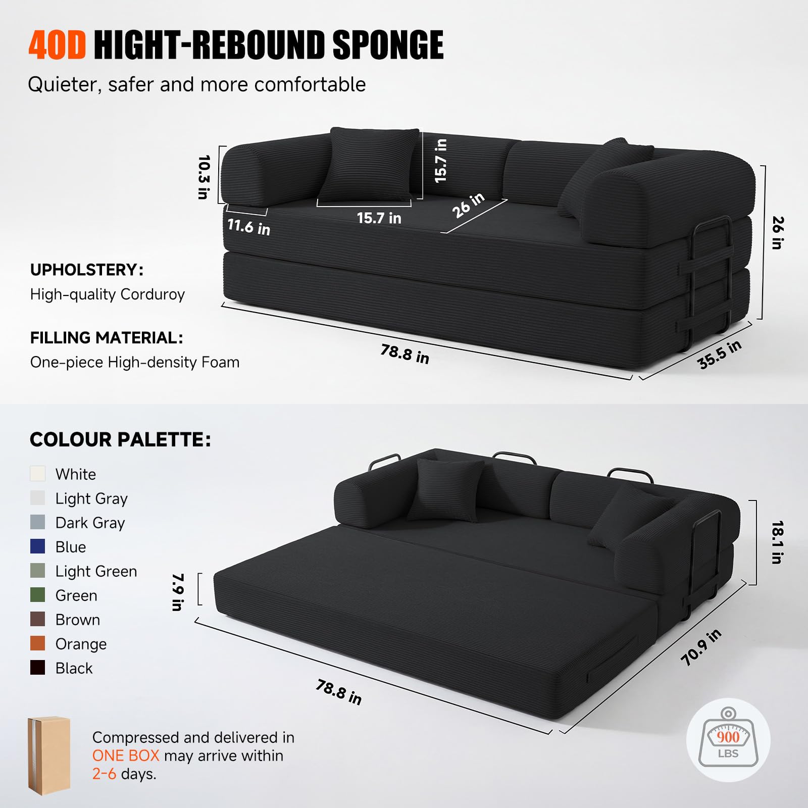 79" Boneless Couch, Convertible Sleeper Sofa Bed, Black | Corduroy Boneless Fold-Out Couch in a Box, 4-in-1 Loveseat/Futon Couch, High-Density Foam, No Assembly